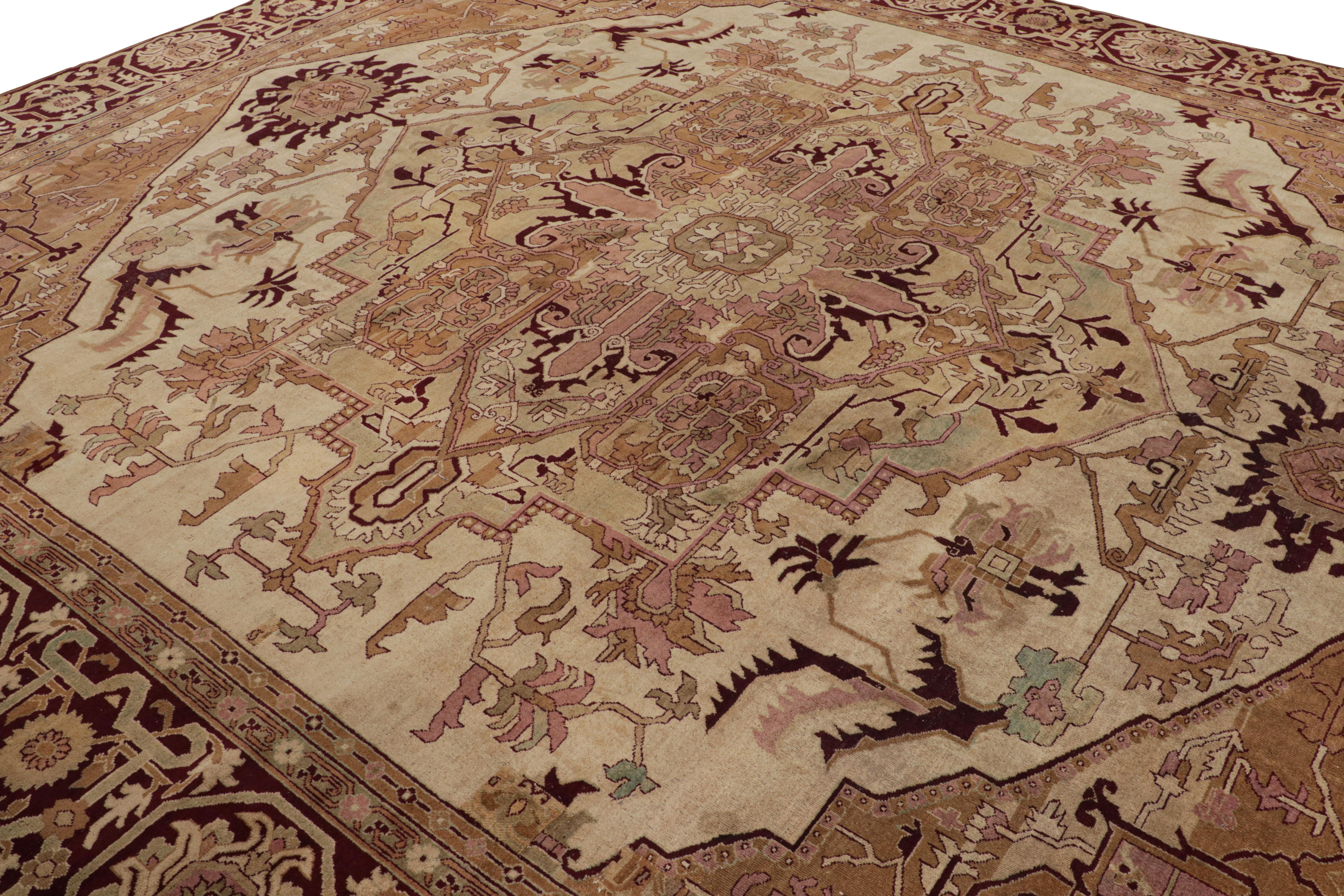Indian Antique Amritsar Rug in Beige with Green and Pink Medallion, from Rug & Kilim For Sale