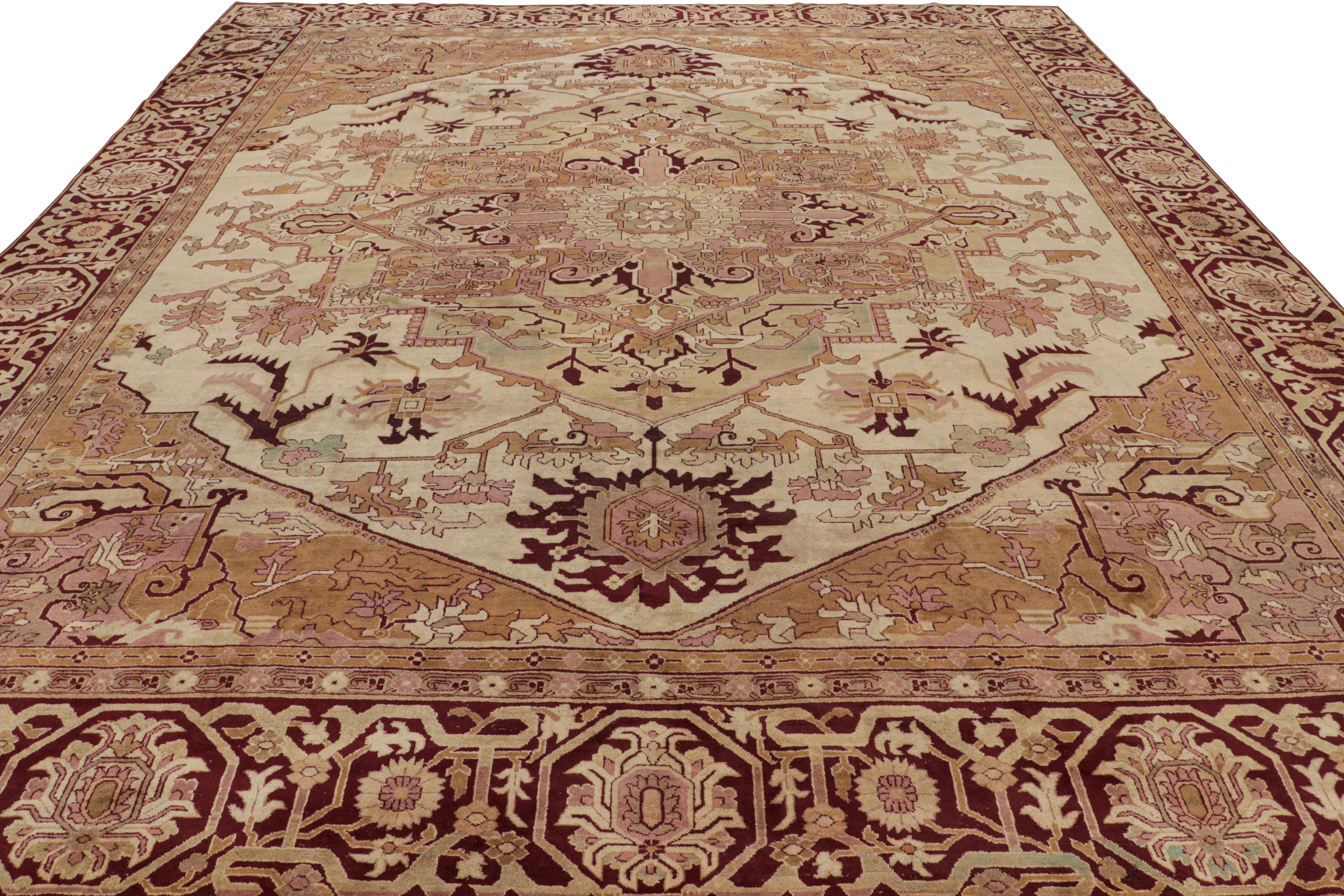 Serapi Antique Amritsar Rug in Beige with Green and Pink Medallion, from Rug & Kilim For Sale