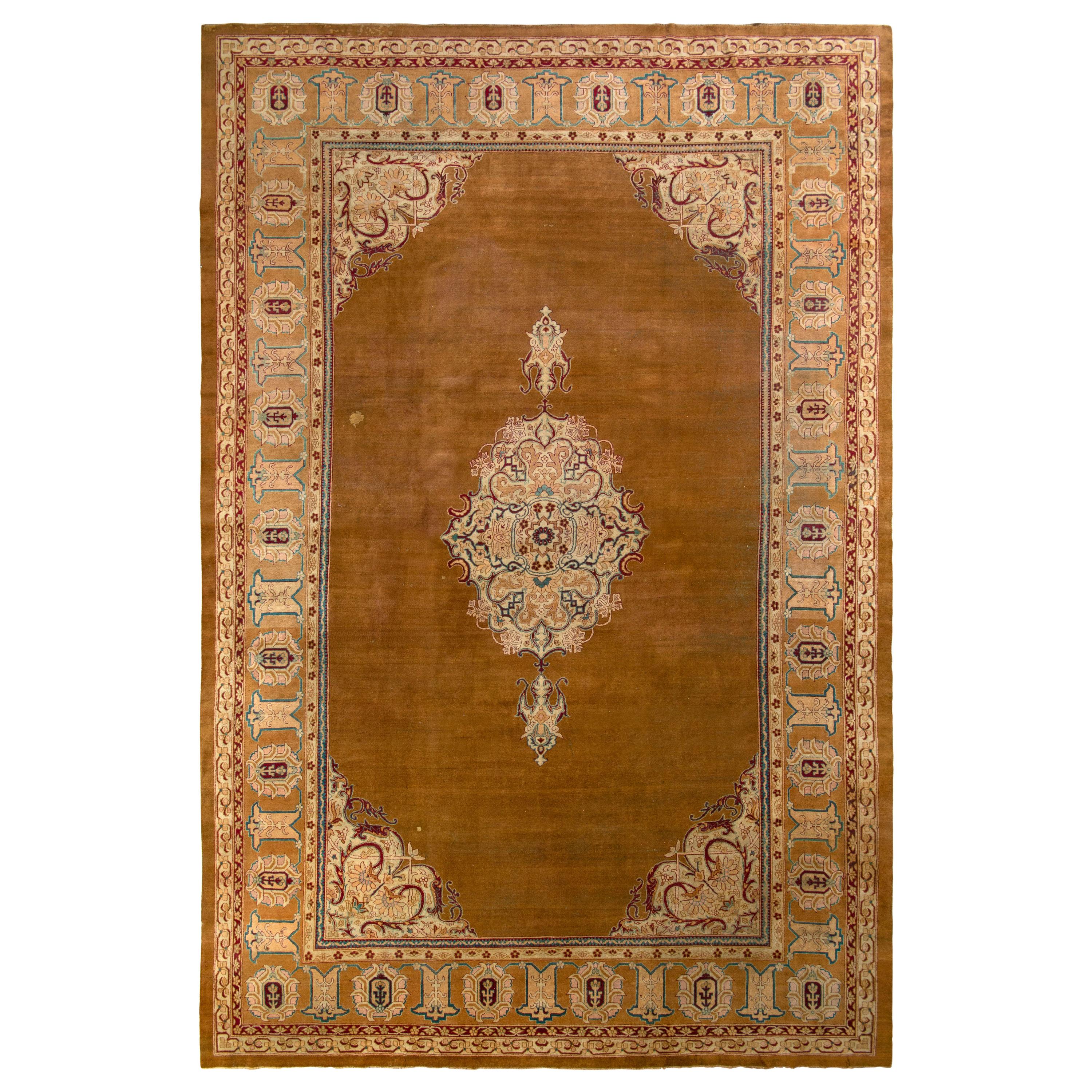 Antique Amritsar Rug in Brown Open Field with Medallion