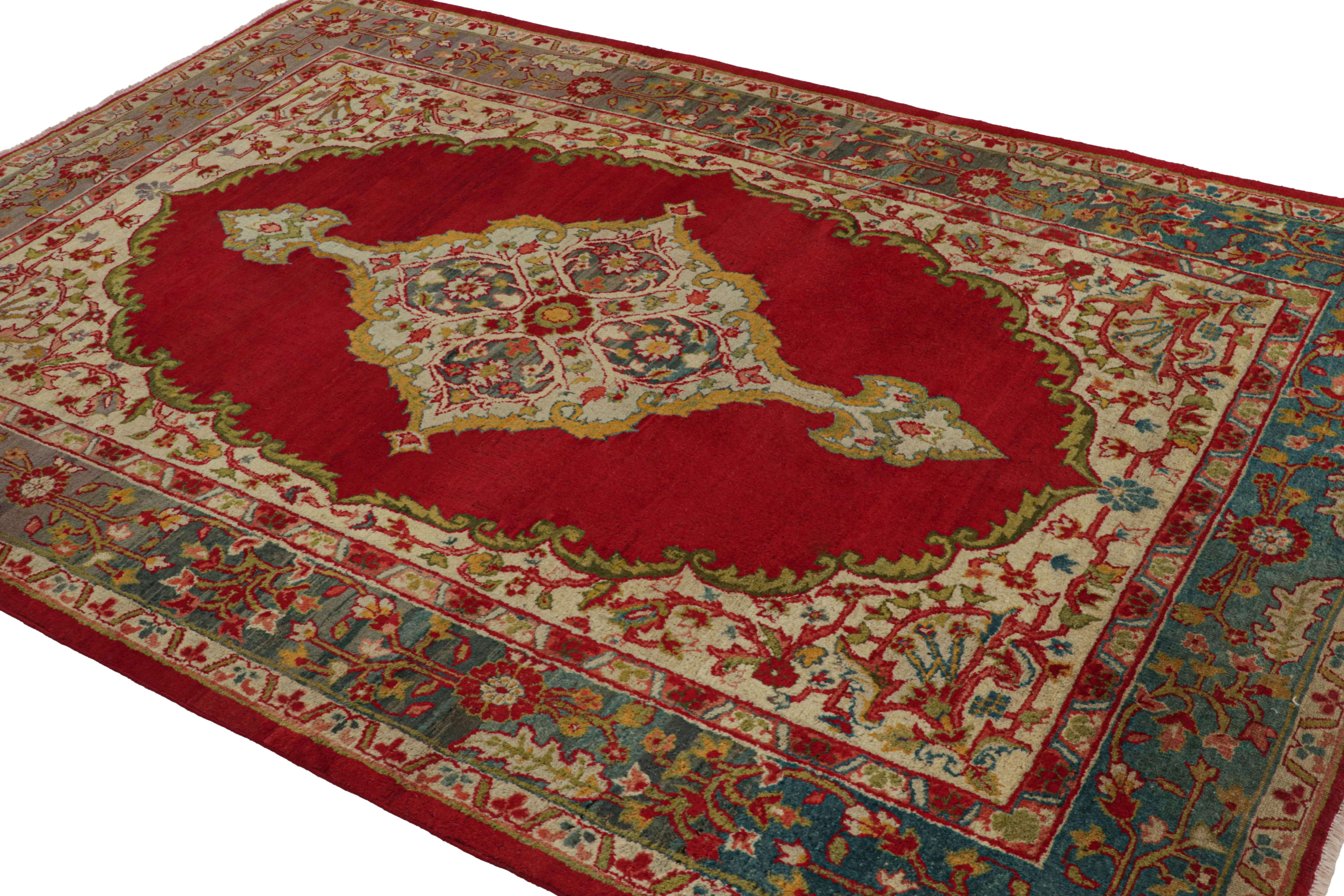 This is a very 6x8 rare antique Amritsar rug from India, hand-knotted in wool and believed to originate from India circa 1920-1930. 

On the Design: 

Connoisseurs may admire this design with a rich, saturated red open field underscores a finely