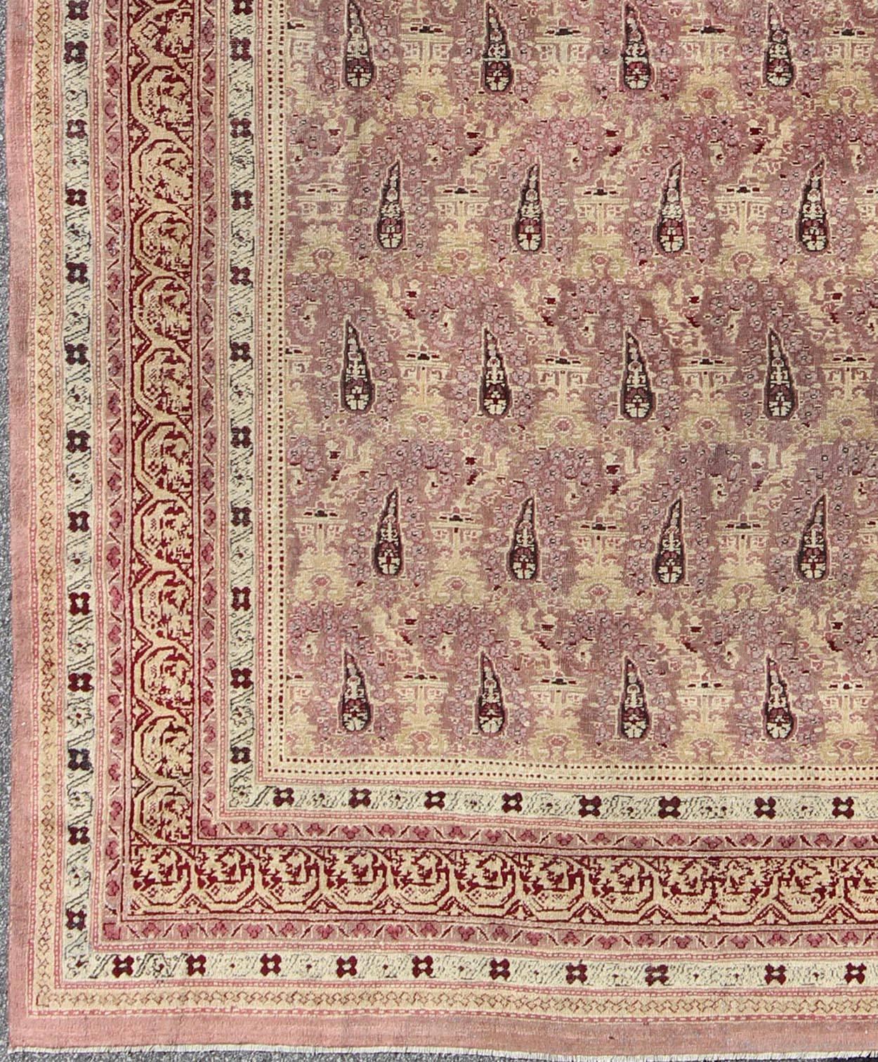  Antique Indian Amritsar rug with  all-over Paisley pattern in ivory, pink, Lavender, purple, Cream, light yellow & red. Antique Indian Amritsar rug, Keivan Woven Arts/ rug/ EBD-1001, country of origin / type: India / Amritsar, circa 1890

Measures: