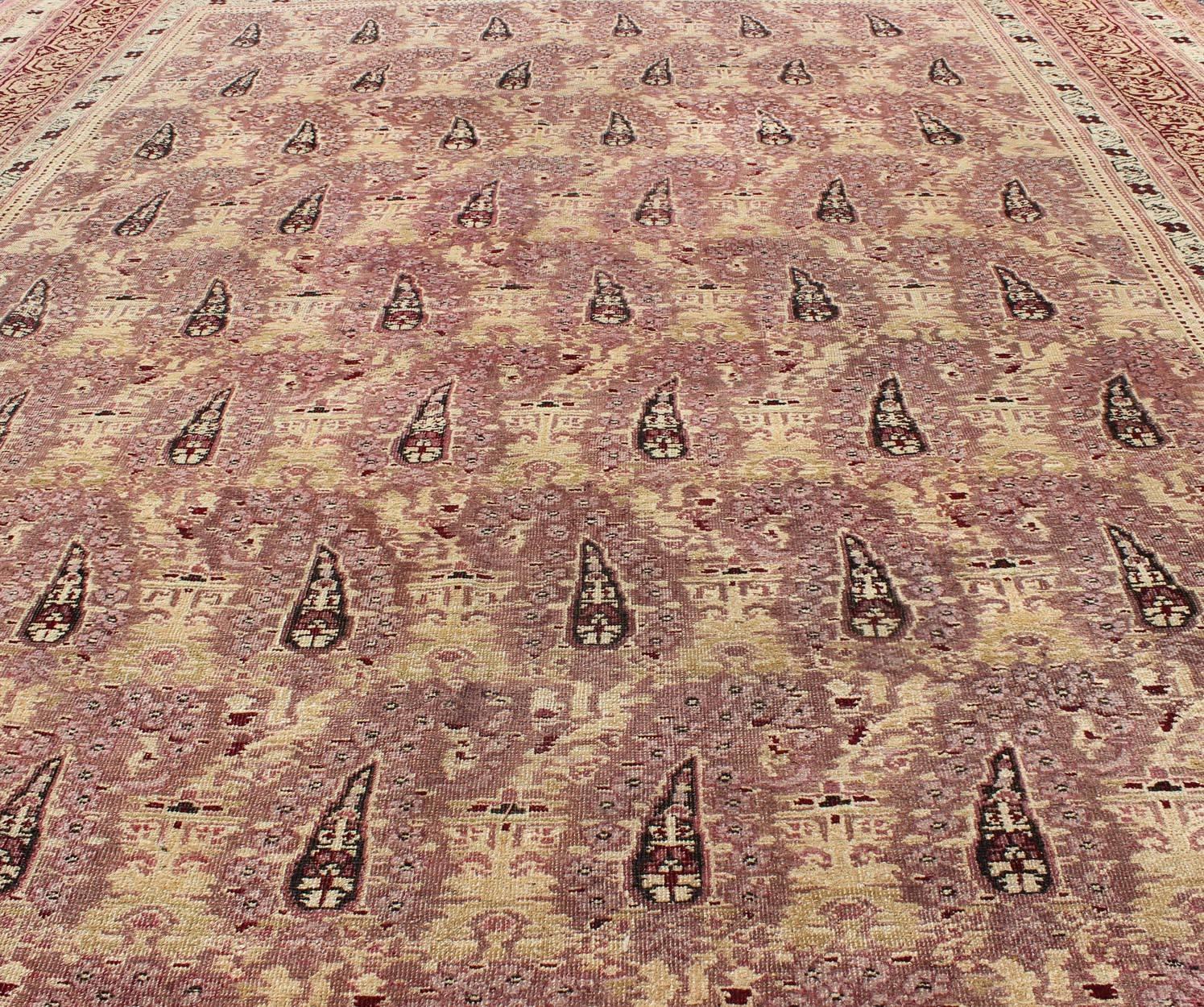 Hand-Knotted Antique Amritsar Rug with Paisley Pattern in, Lavender, Purple, Pink & Yellow For Sale