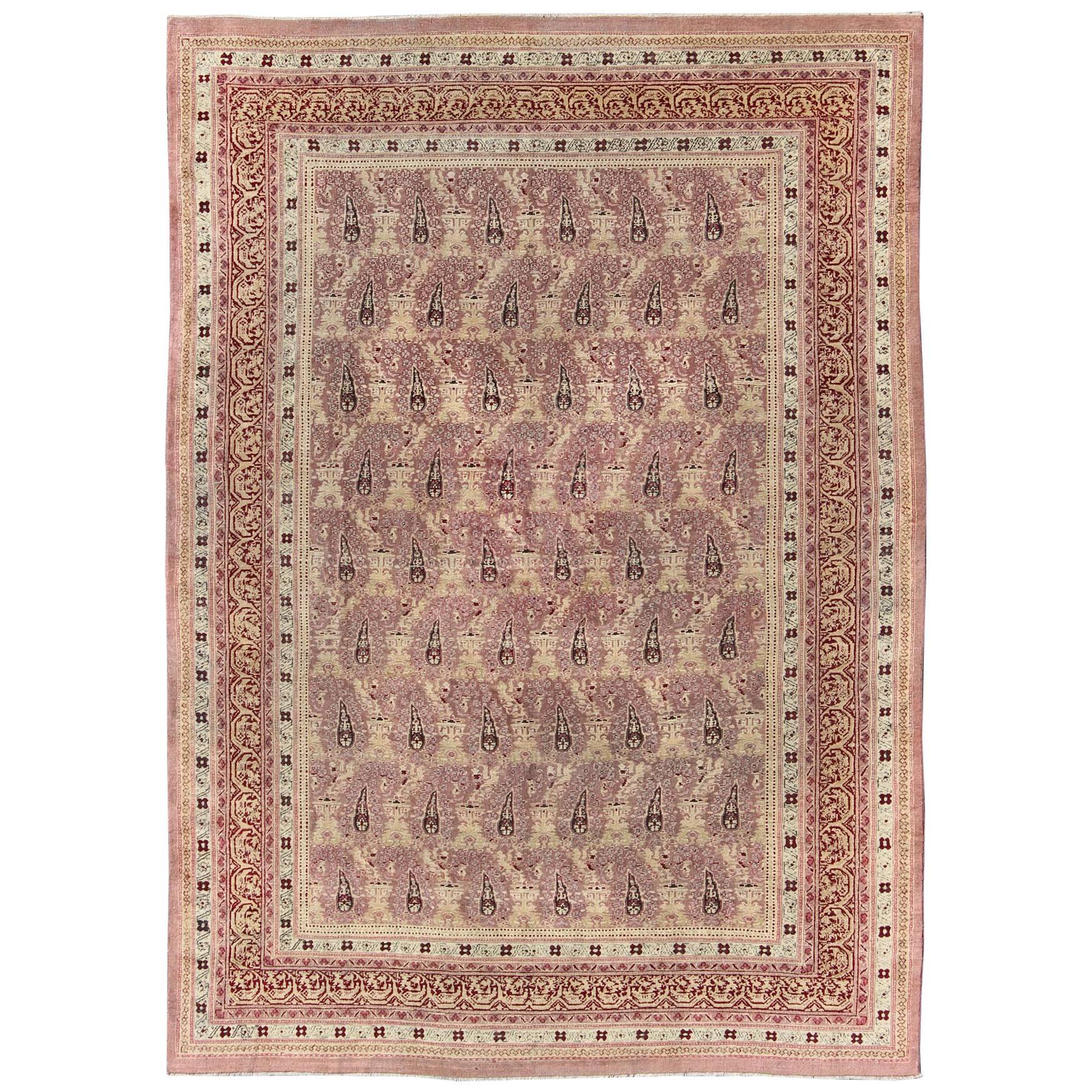 Antique Amritsar Rug with Paisley Pattern in, Lavender, Purple, Pink & Yellow For Sale