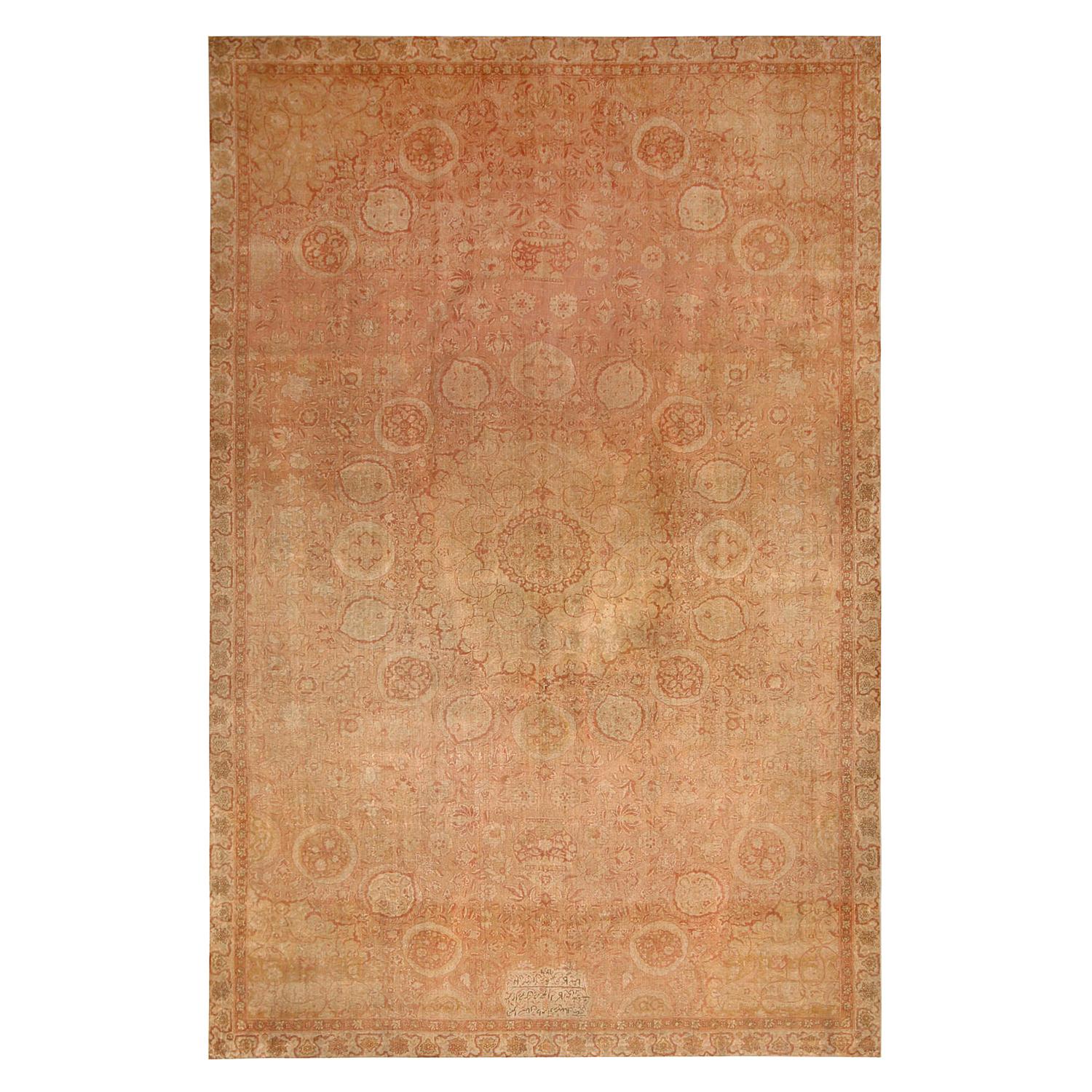 Antique Amritsar Traditional Beige and Pink Wool Floral Rug