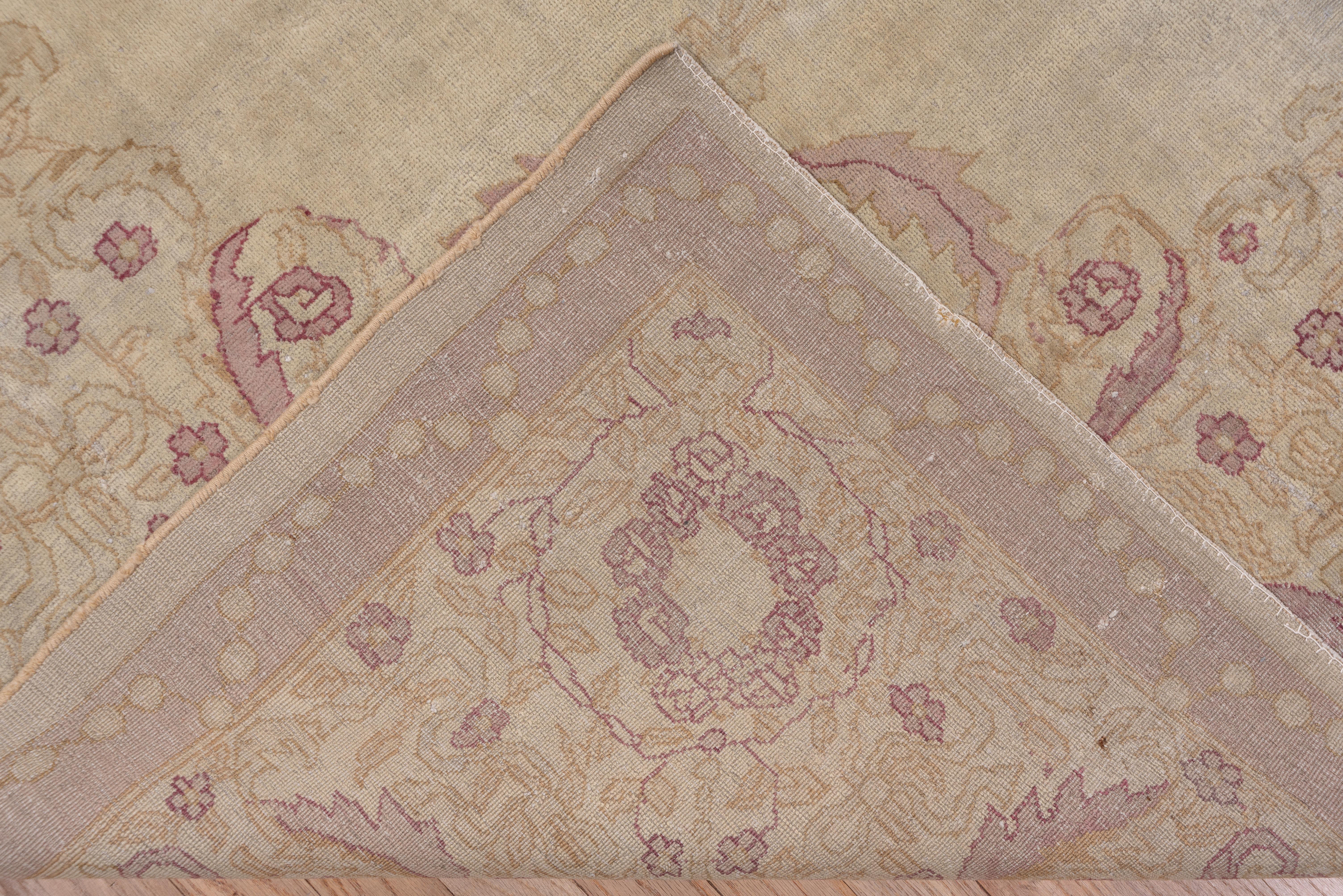 This mellow toned northern Indian carpet displays a tall medallion with internal wreaths and jagged leaves. A horizontal cut line runs across the beige open field. Dark brown details the palmettes and jagged leaves in the main border.
    