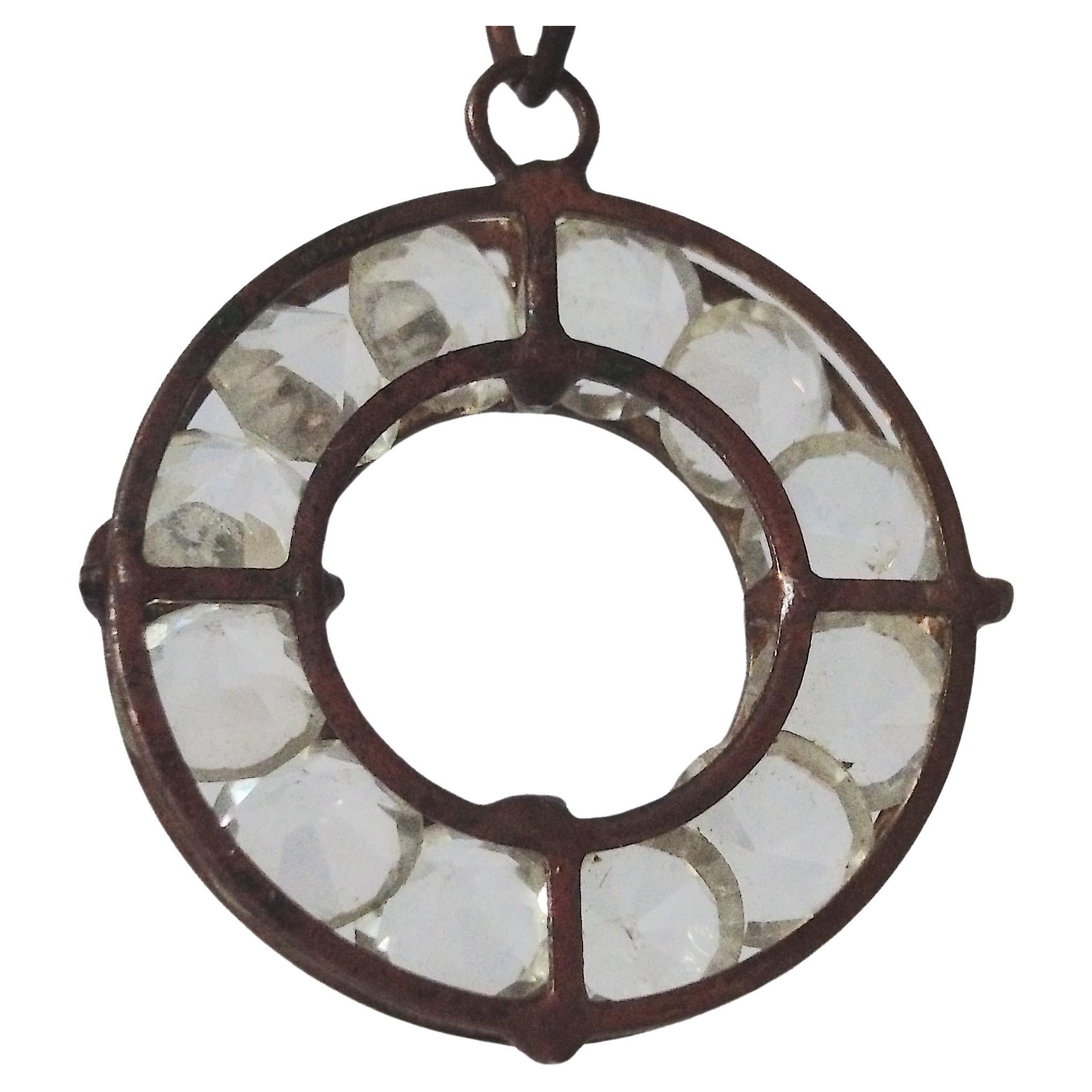 Antique Amuletic Dozen RockCrystals CagedRing Medieval Style Gilt Bronze Pendant For Sale 1