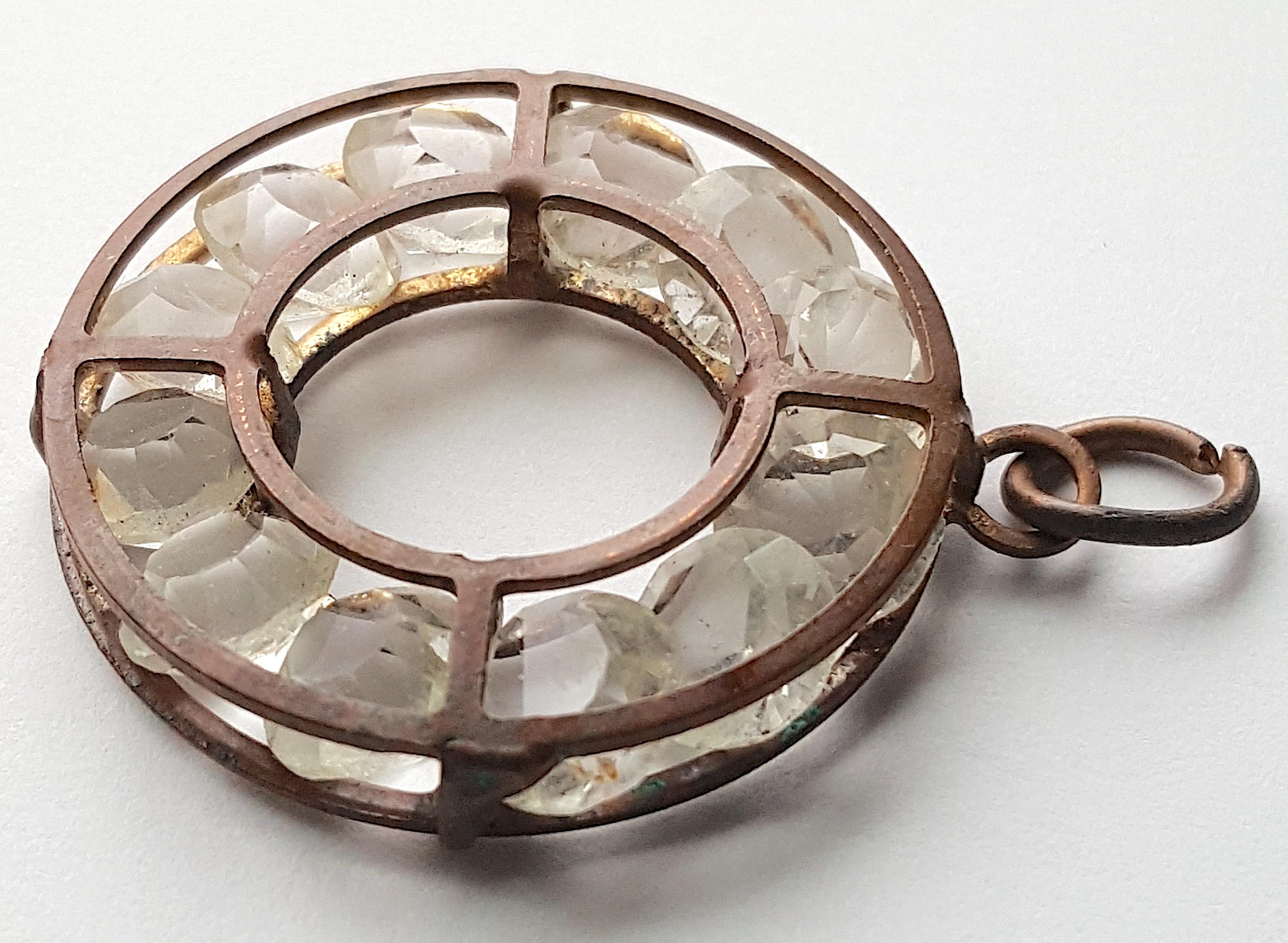 Antique Amuletic DozenRockCrystals Caged MedievalStyle FourRing Bronze Pendant For Sale 3