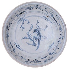Antique Anamese Blue and White Ceramic Dish, Bird Design, circa 1500