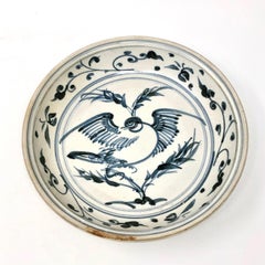 Antique Anamese Blue and White Ceramic Dish, Bird Design, Hoi an Hoard
