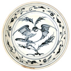 Antique Anamese Blue and White Ceramic Dish, Bird Design, Hoi an Hoard