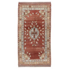 Antique Anatolian Gallery Rug in Brick Red with Pale Blue Florals, circa 1930