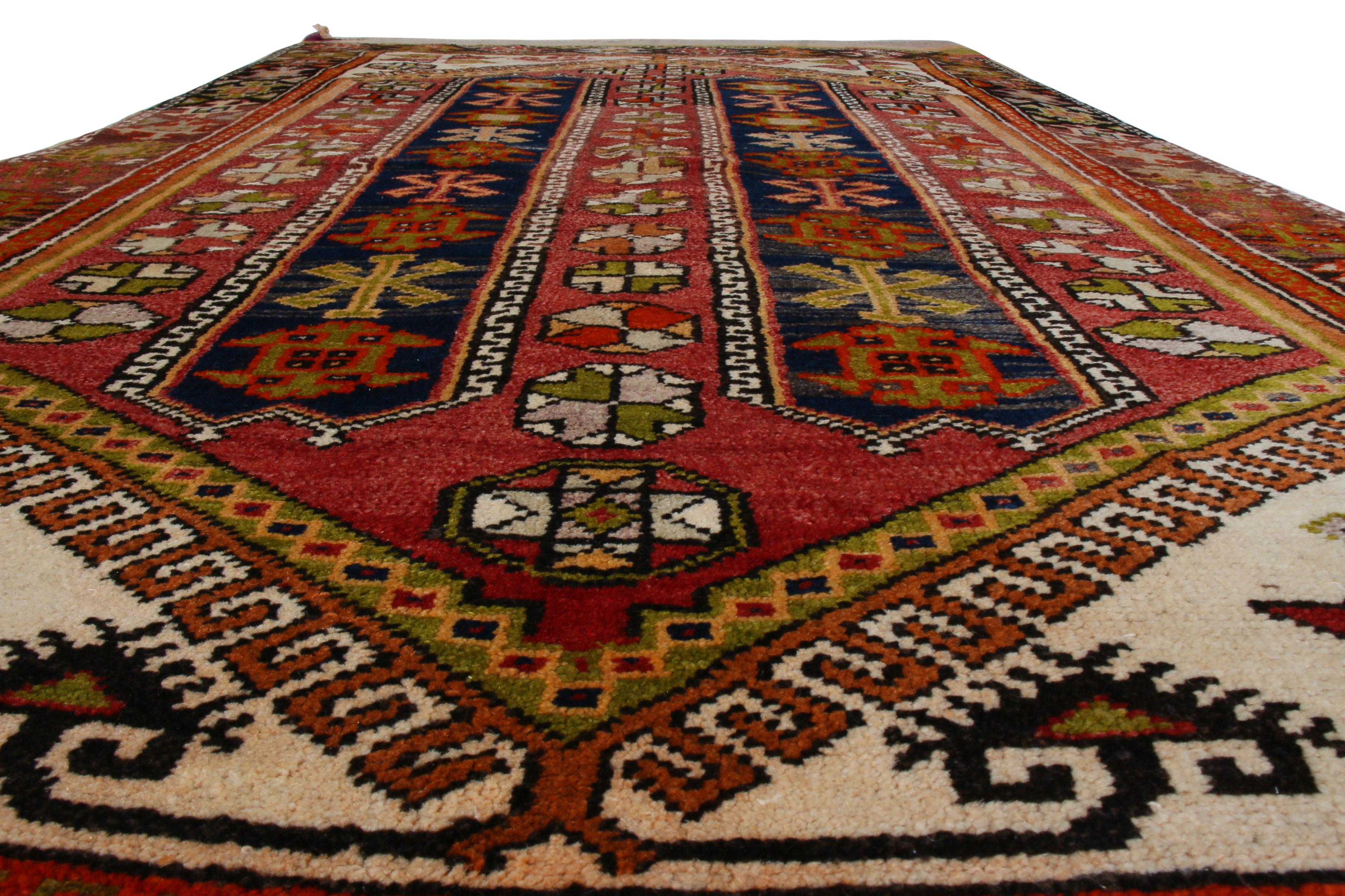 Rustic Antique Anatolian Geometric Red and Blue Wool Rug from Rug & Kilim For Sale