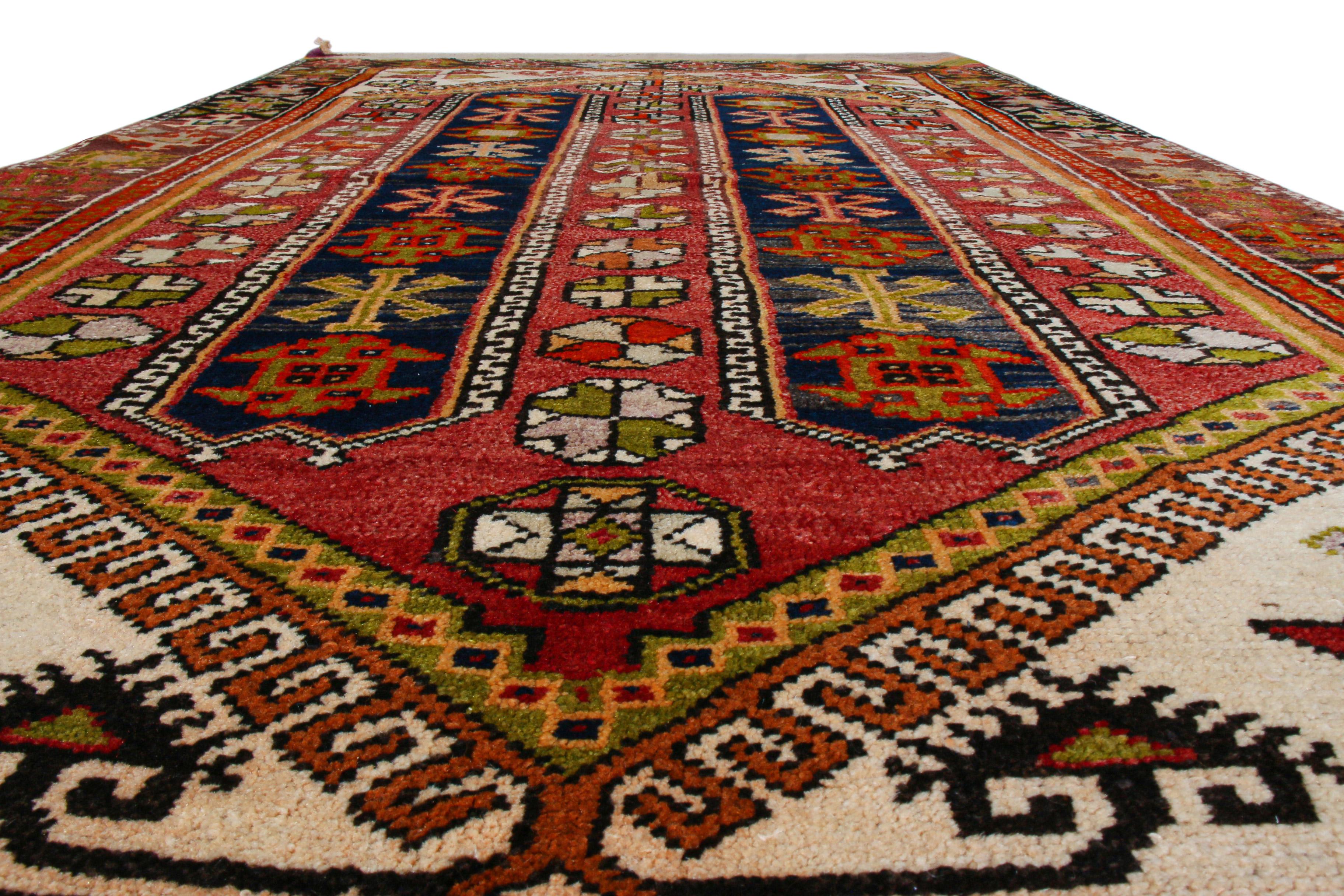 Rustic Antique Anatolian Geometric Red and Blue Wool Rug from Rug & Kilim For Sale