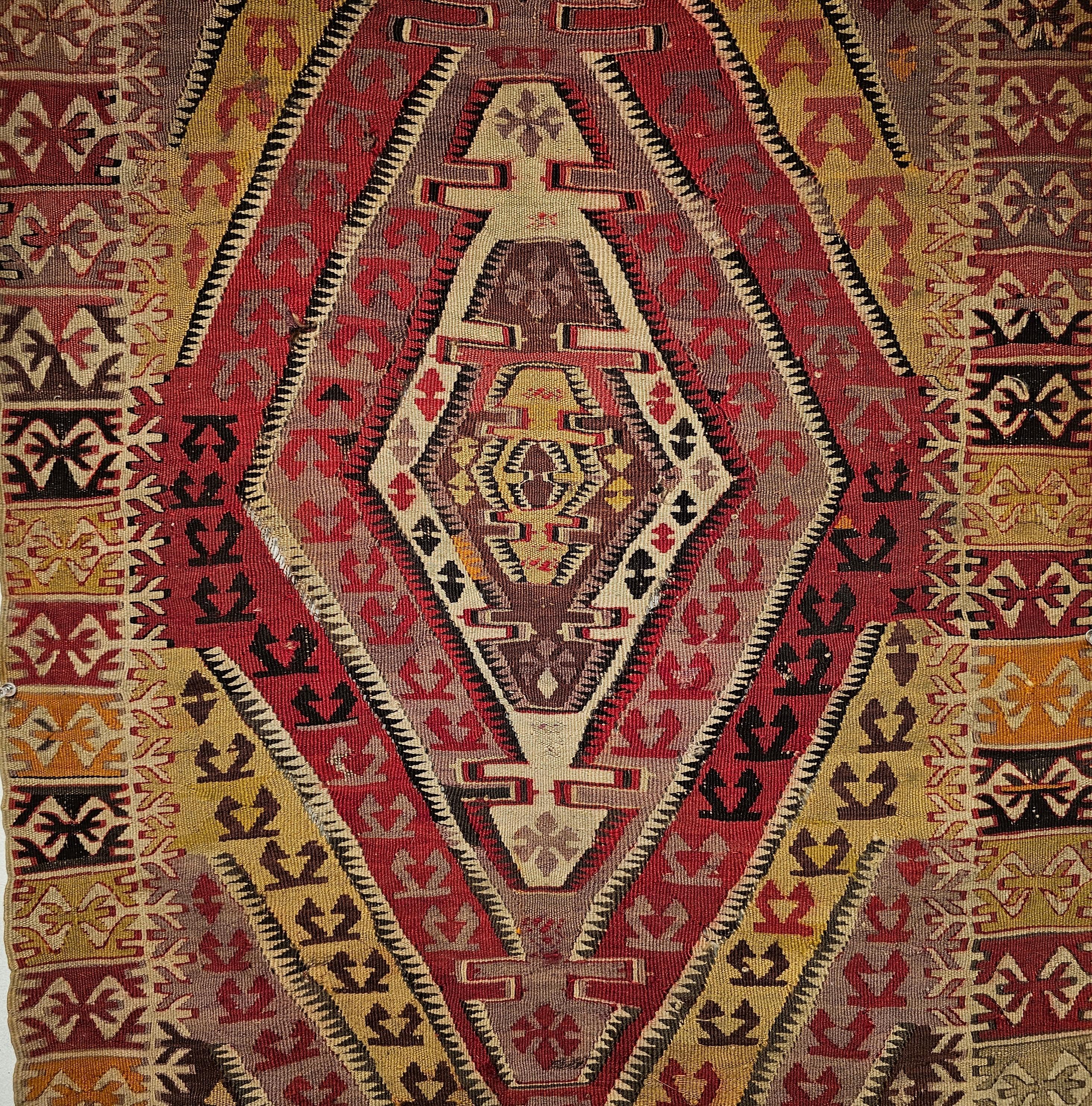 Turkish 19th Century Anatolian Kilim Area Rug in Medallion Pattern in Red, Yellow, Brown For Sale