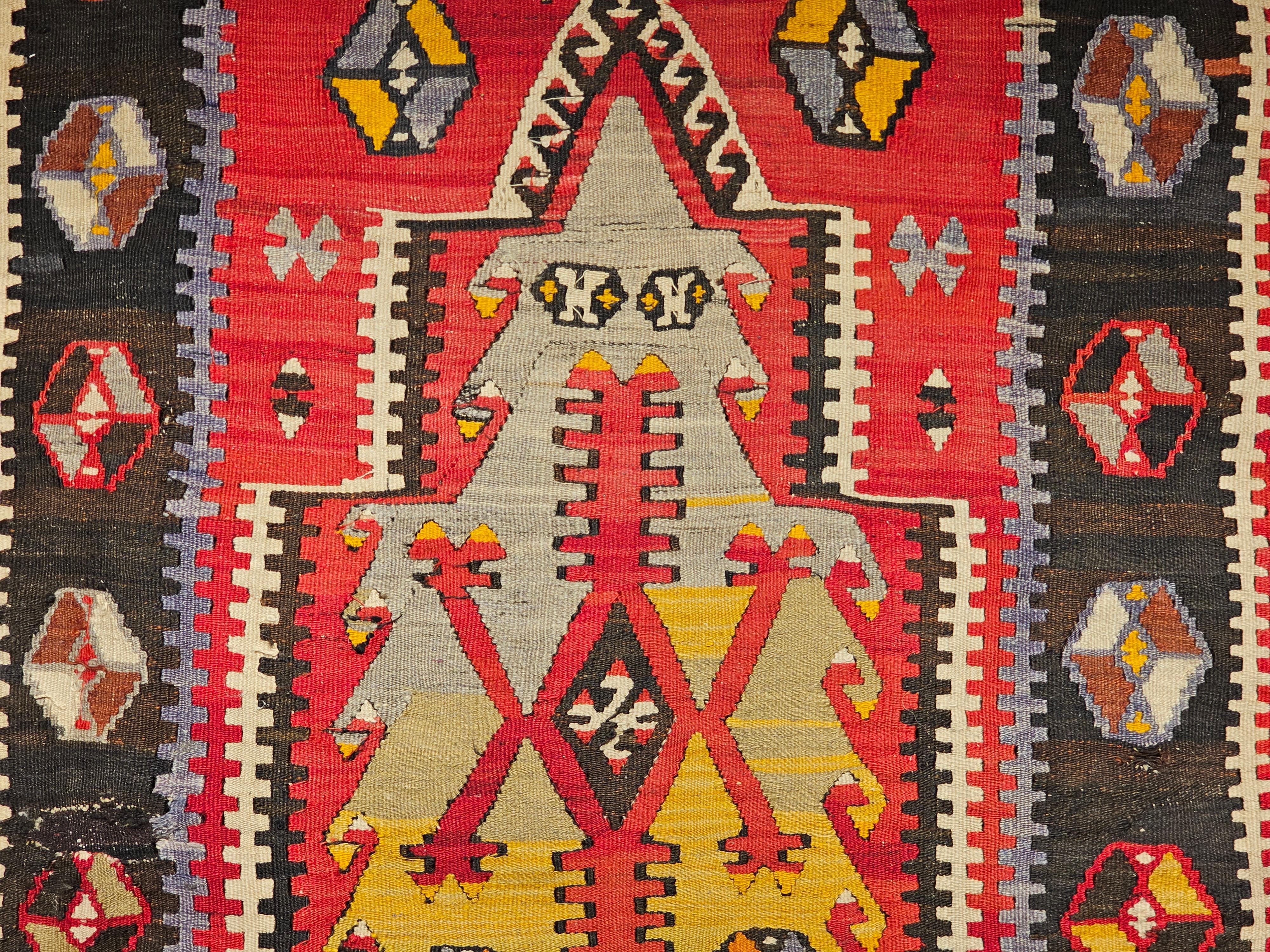 20th Century Vintage Turkish Kilim Area Rug in Prayer Pattern in Pale Green, Yellow, Black For Sale