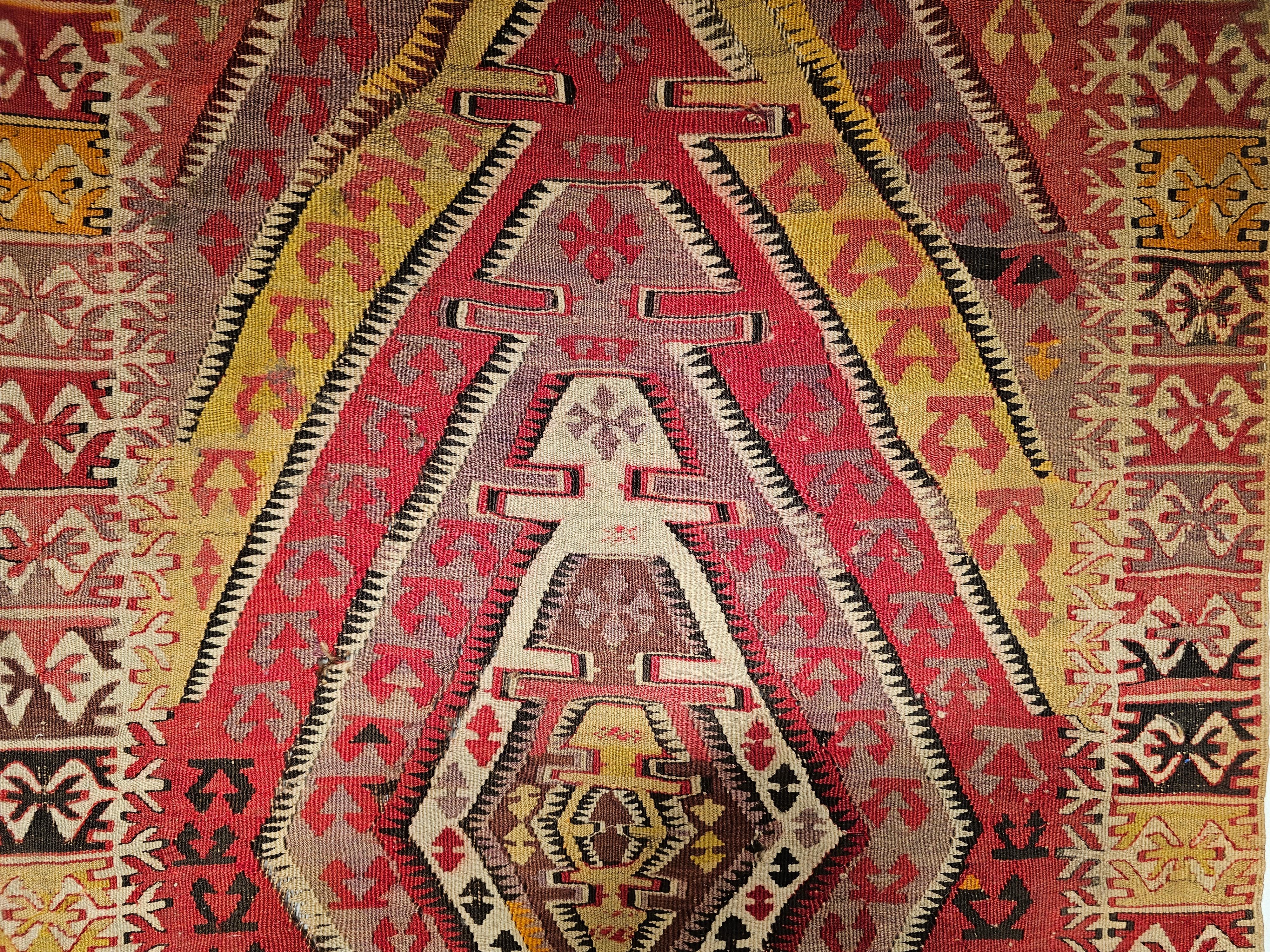19th Century Anatolian Kilim Area Rug in Medallion Pattern in Red, Yellow, Brown For Sale 1