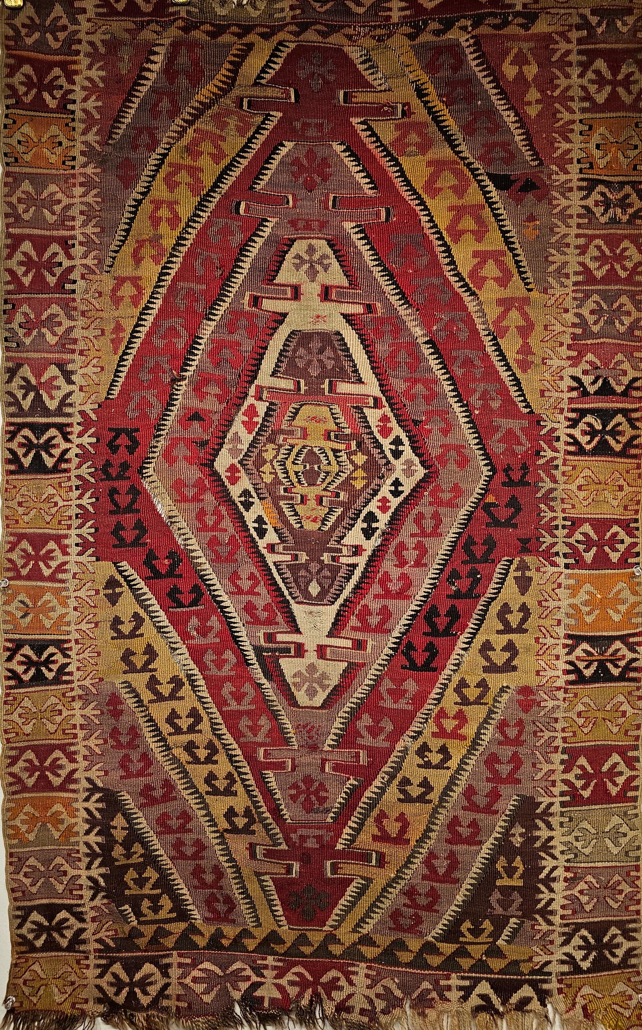 19th Century Anatolian Kilim Area Rug in Medallion Pattern in Red, Yellow, Brown For Sale 2