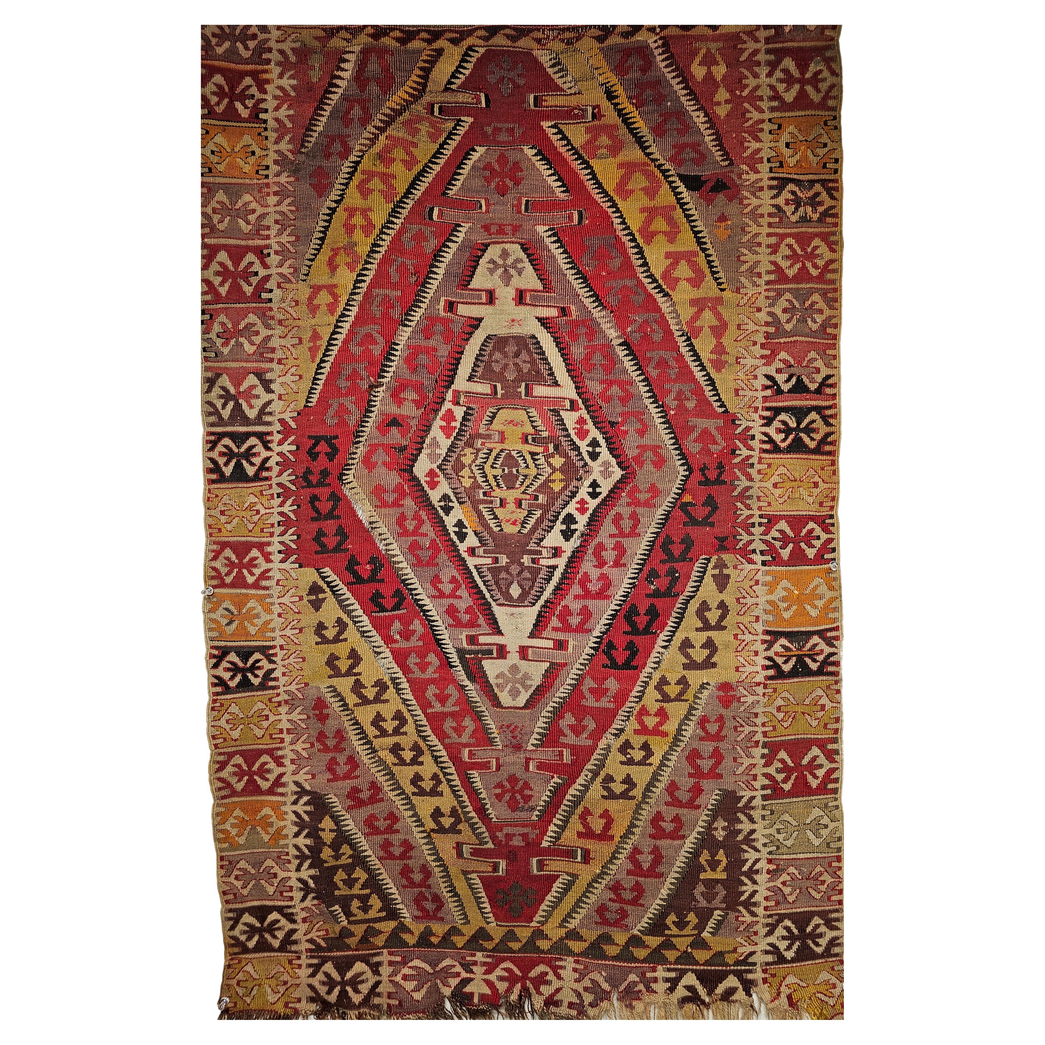19th Century Anatolian Kilim Area Rug in Medallion Pattern in Red, Yellow, Brown