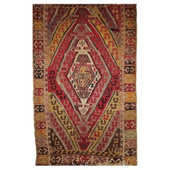 Antique 19th Century Anatolian Kilim Area Rug in Medallion Pattern in Red, Yellow, Brown