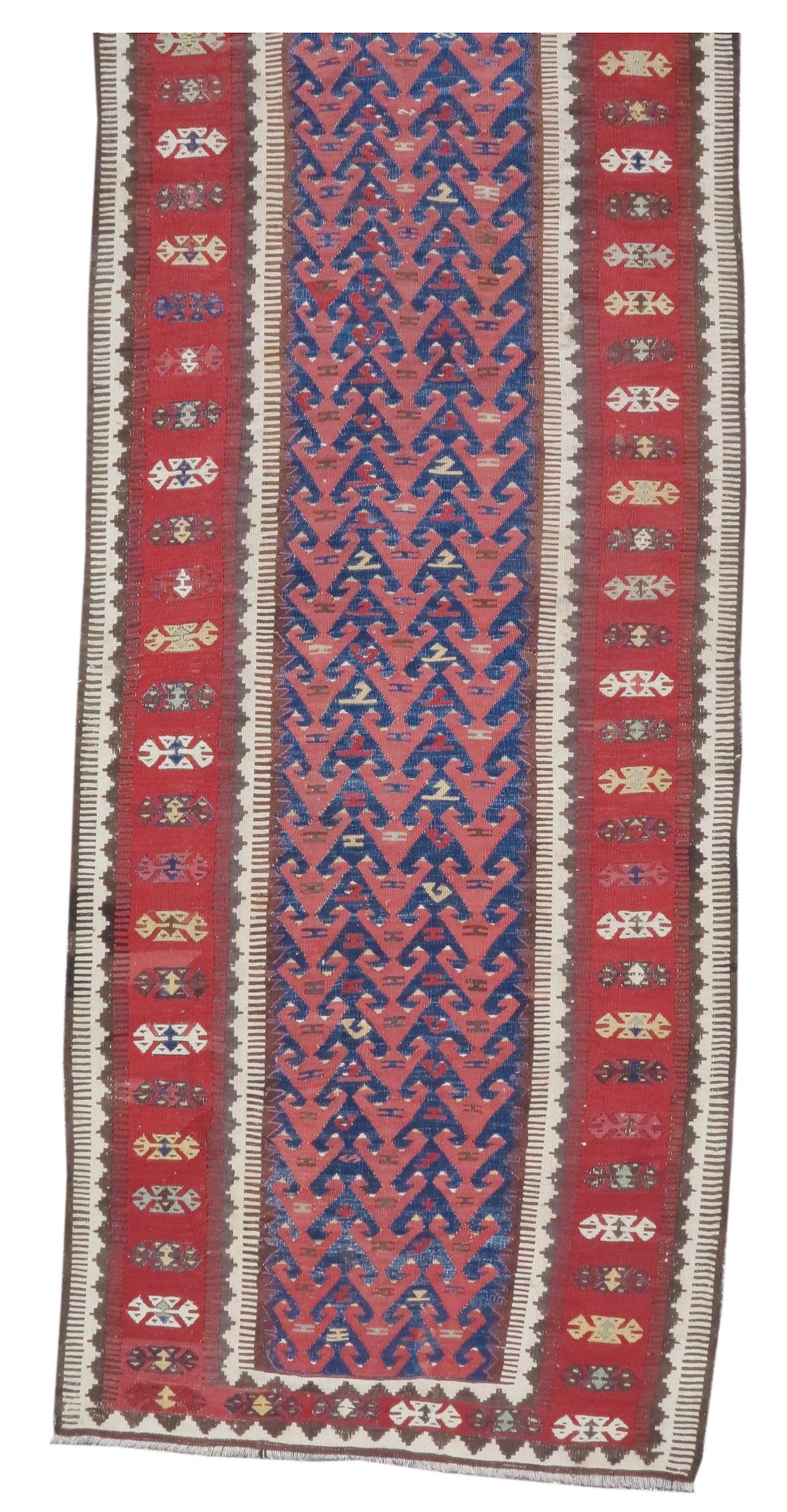 Antique Anatolian Kilim Runner Rug, 19th Century

The structure of various flat-weaves is said to determine an array of ornament and shapes that make up the vocabulary of Oriental rugs. This Turkish kilim woven in the slit-tapestry technique draws