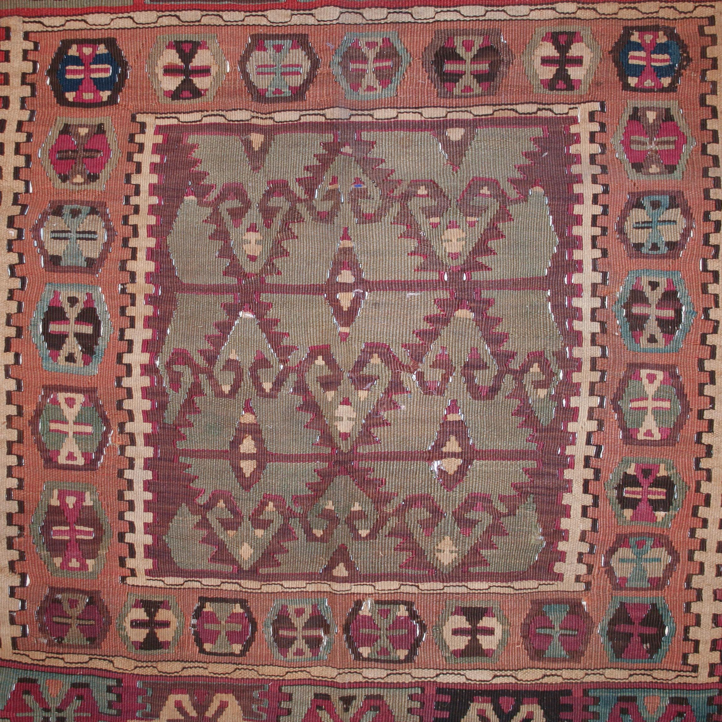 Hand-Woven Antique Anatolian Kilim with Geometric Compartments For Sale