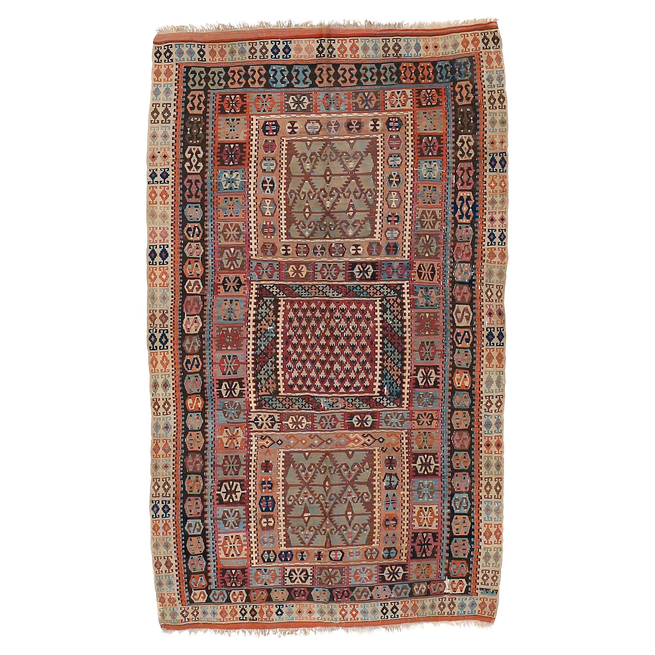 Antique Anatolian Kilim with Geometric Compartments For Sale