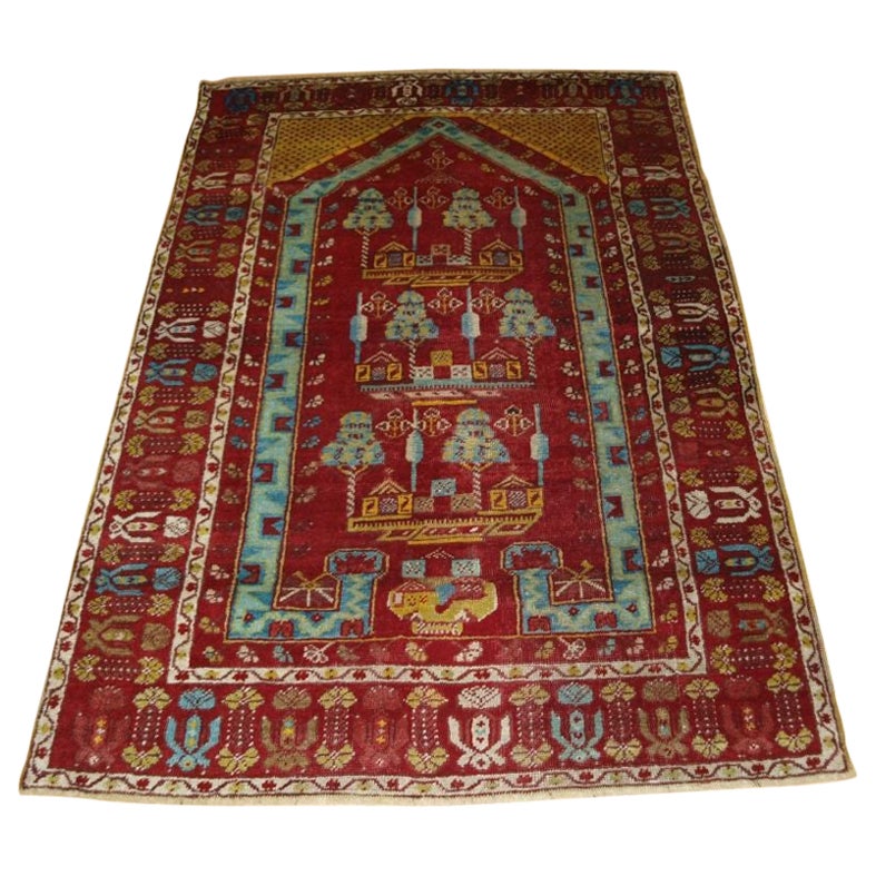 Ancien tapis de prière anatolien d'Anatolie du village de Kirsehir R-936 en vente