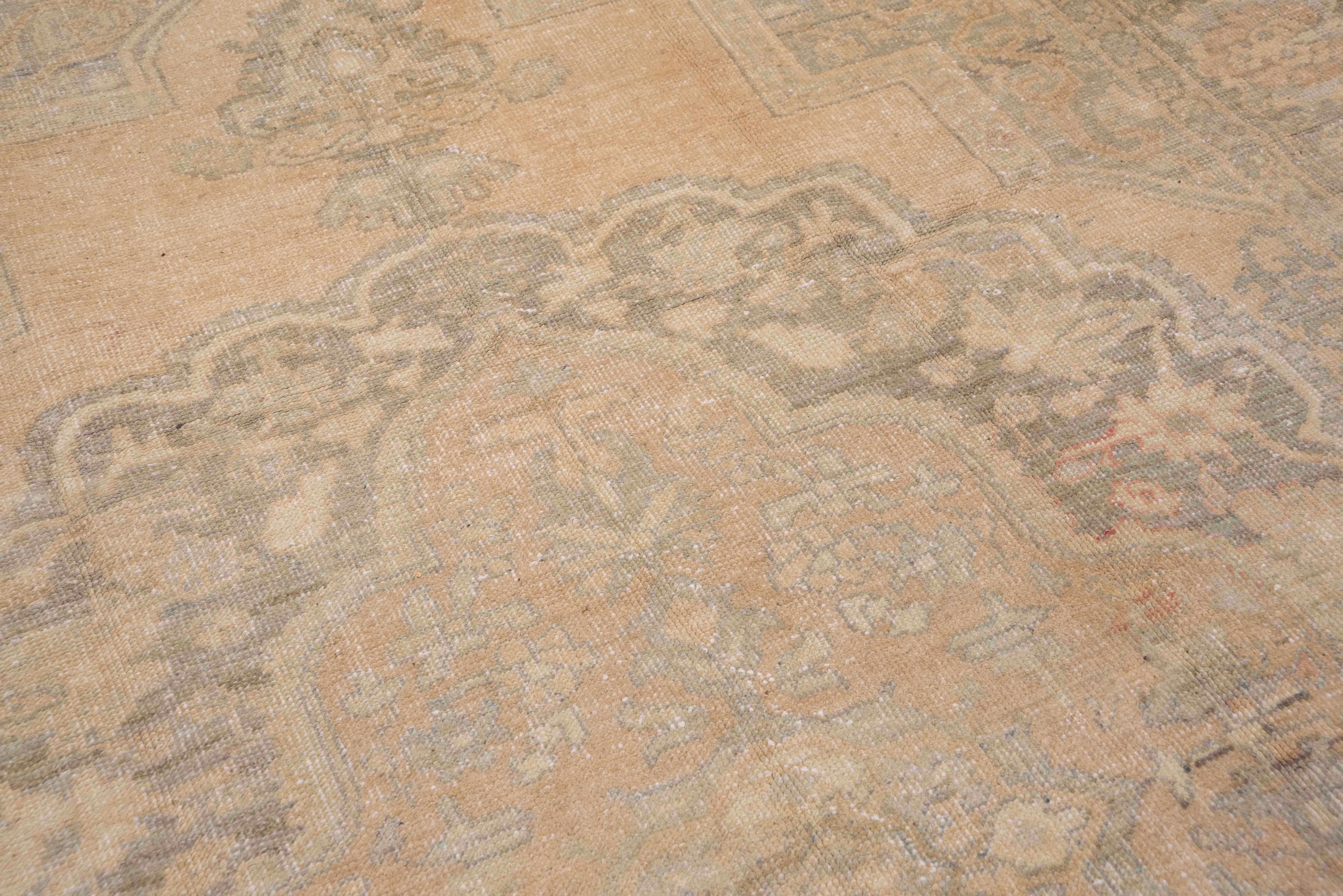 A 28 lobe brownish peach medallion with elaborate palmette pendants is featured on the straw open cartouche-shaped field. The broadly stepped pale grey corners display a light arabesque pattern. The abrashed peach main border displays softly colored