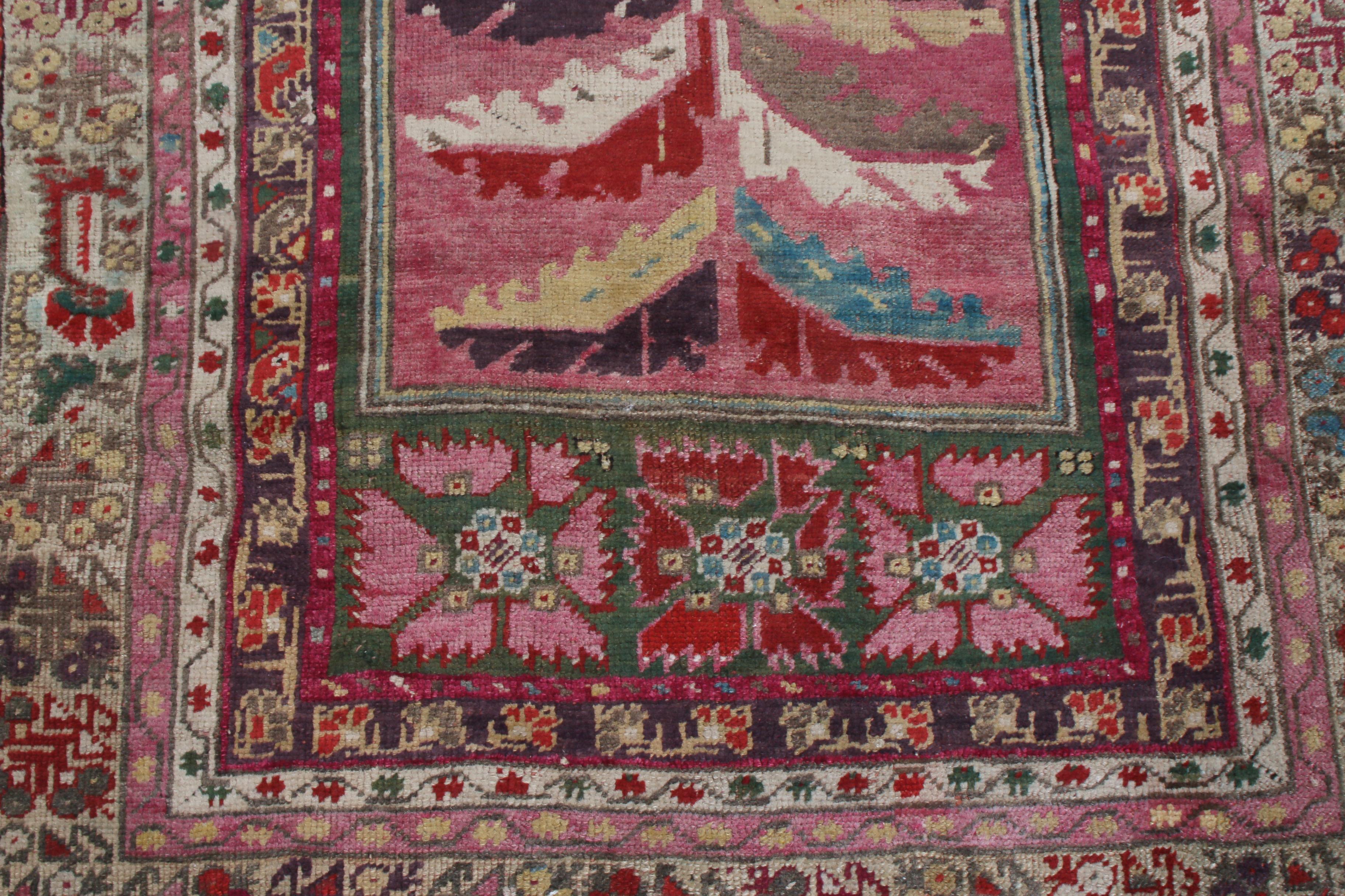 Turkish Antique Anatolian Transitional Pink and Green Wool Rug