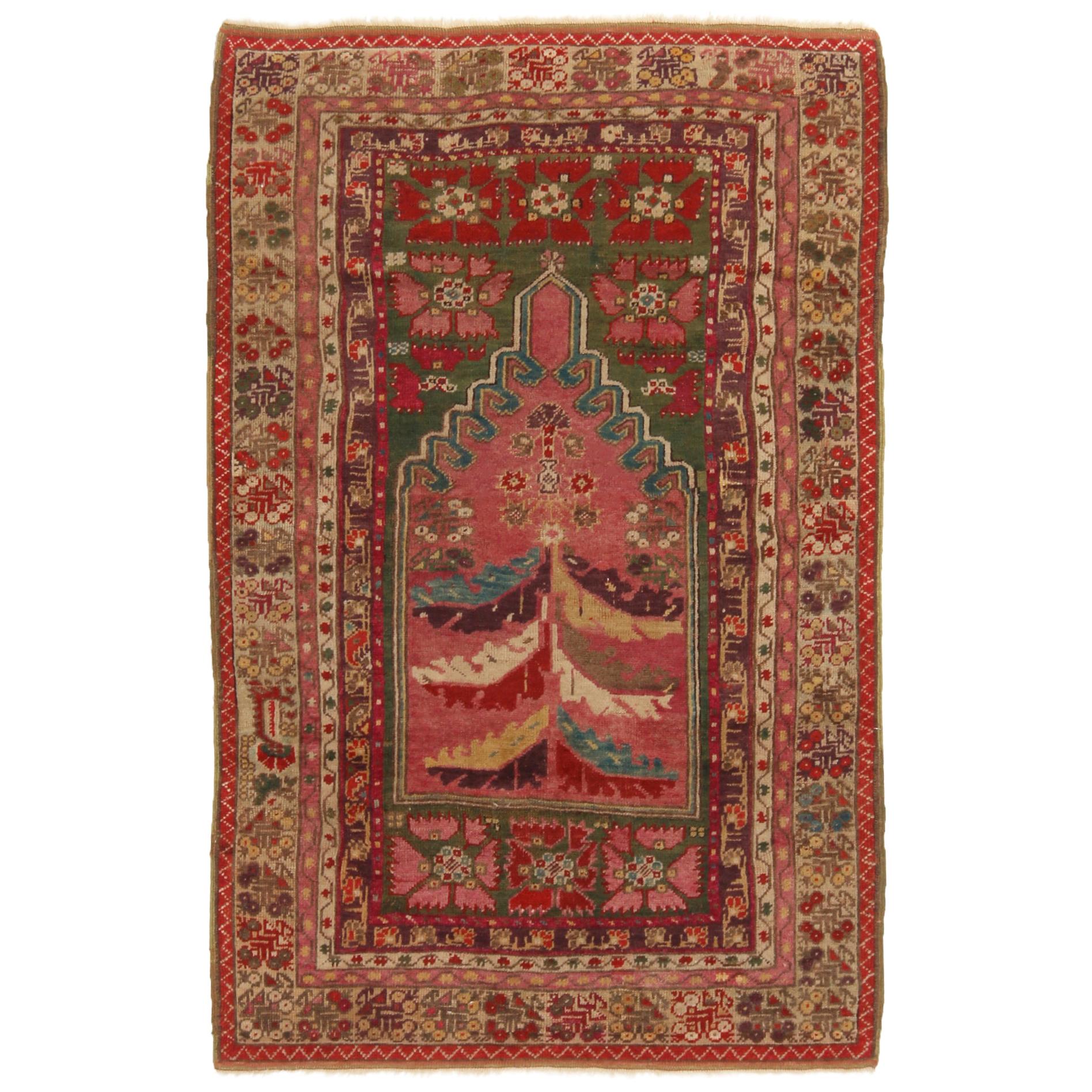Antique Anatolian Transitional Pink and Green Wool Rug