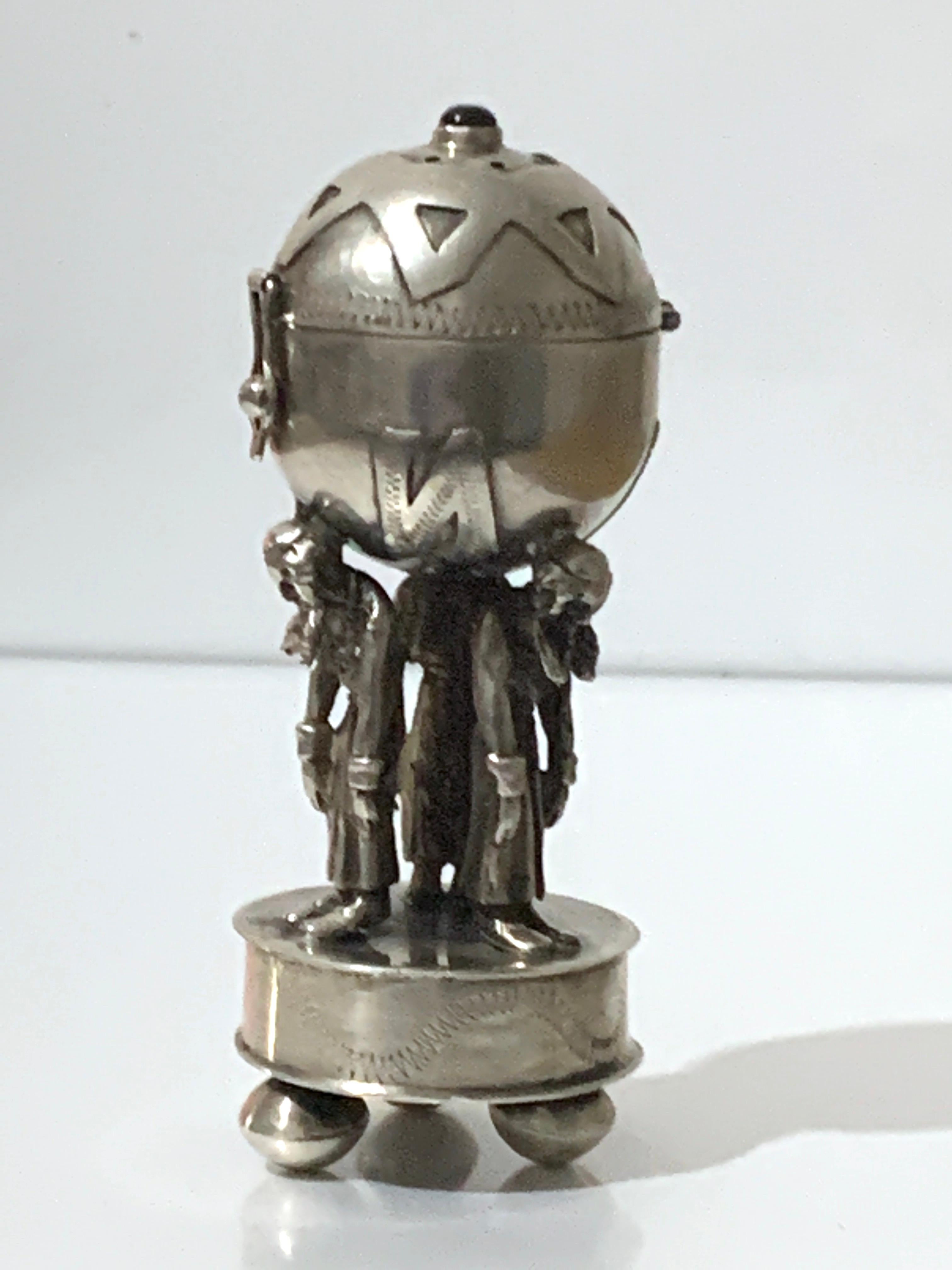 Russian Silversmith Designer 
Dated 1894
Anatoly Apollonovich Artsybashev novelty Silver item
In the form of three jesters holding a globe 
that opens and has pierced top to dispense a powder.
with a zig zag design throughout and topped by an onyx