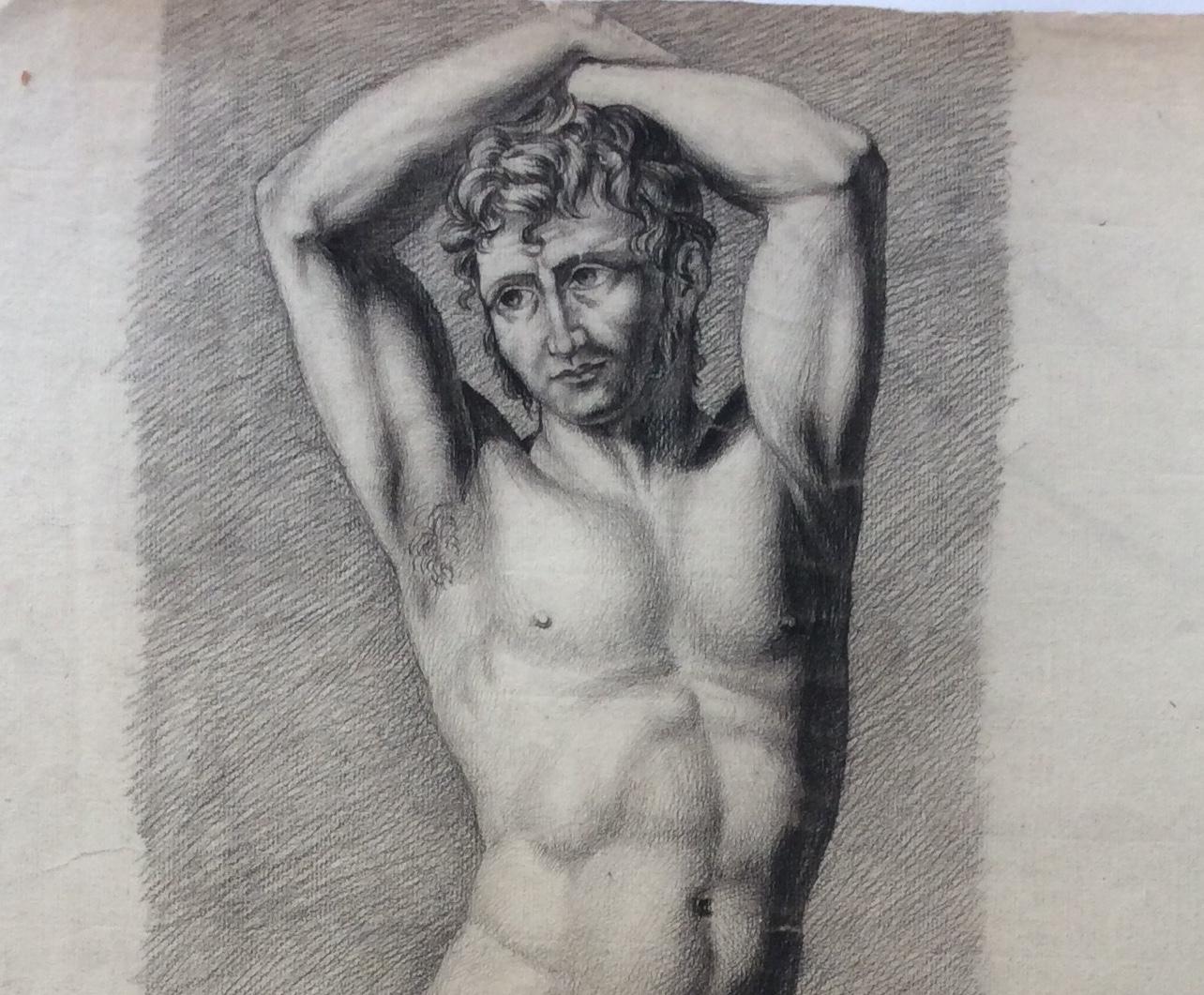 Antique anatomical drawing for the study of the human body, nude male. 

The history of anatomy extends from the earliest examinations of sacrificial victims to the sophisticated analyses of the body performed by modern scientists. The study of