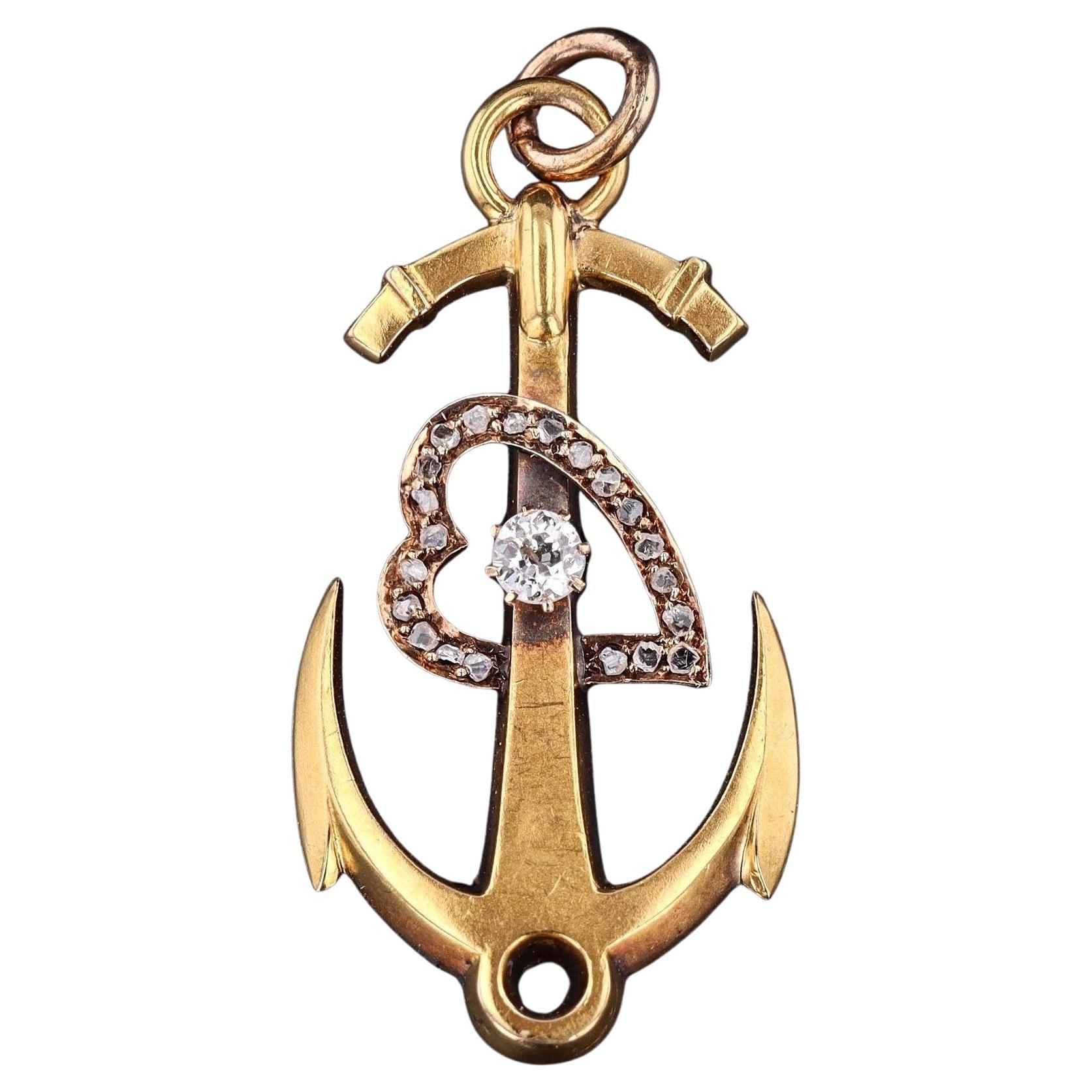 Antique Anchor with Diamond Heart Pendant of 18k Gold