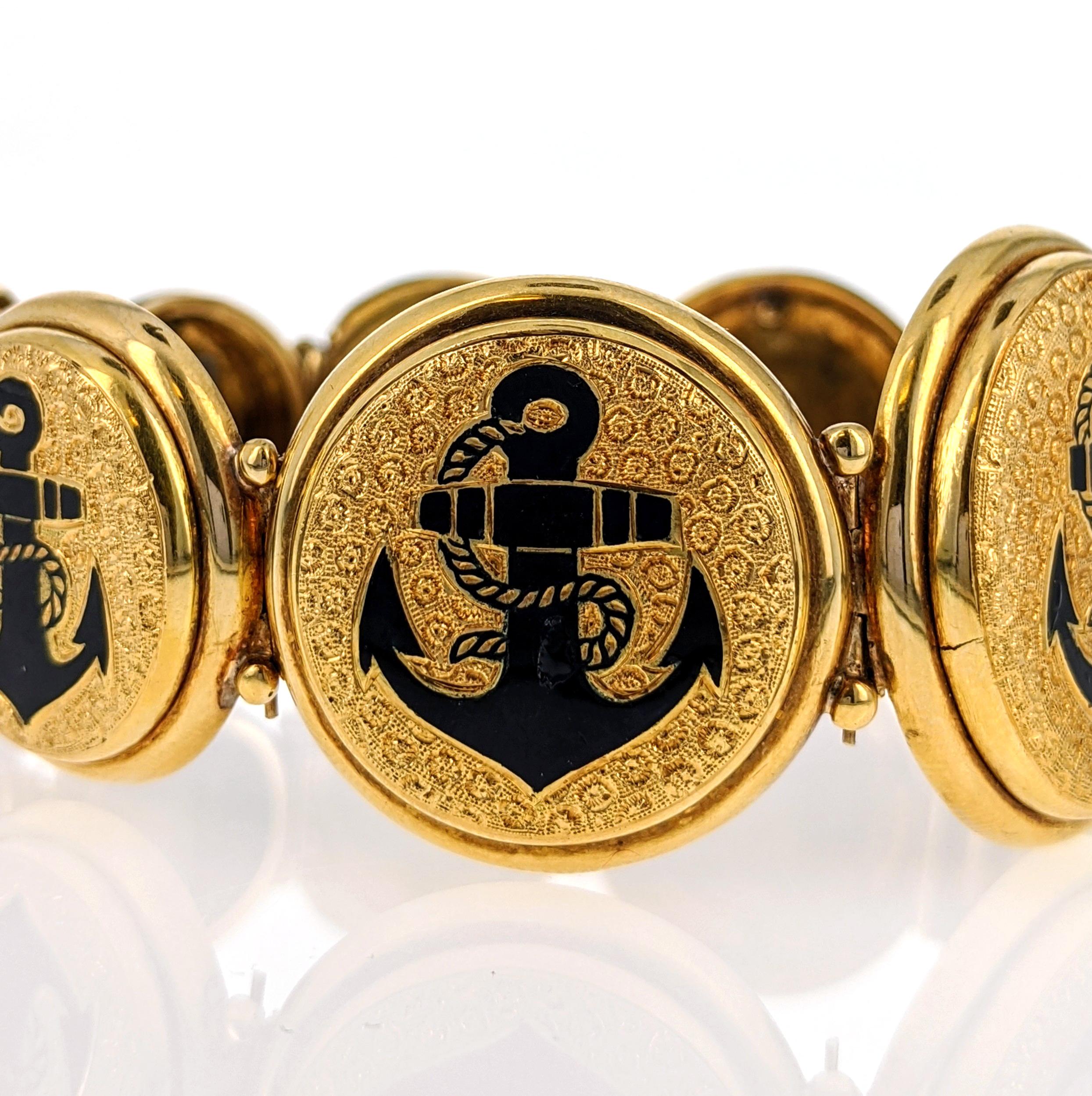 Women's or Men's Antique Anchors Enamel Gold Link Bracelet For Sale