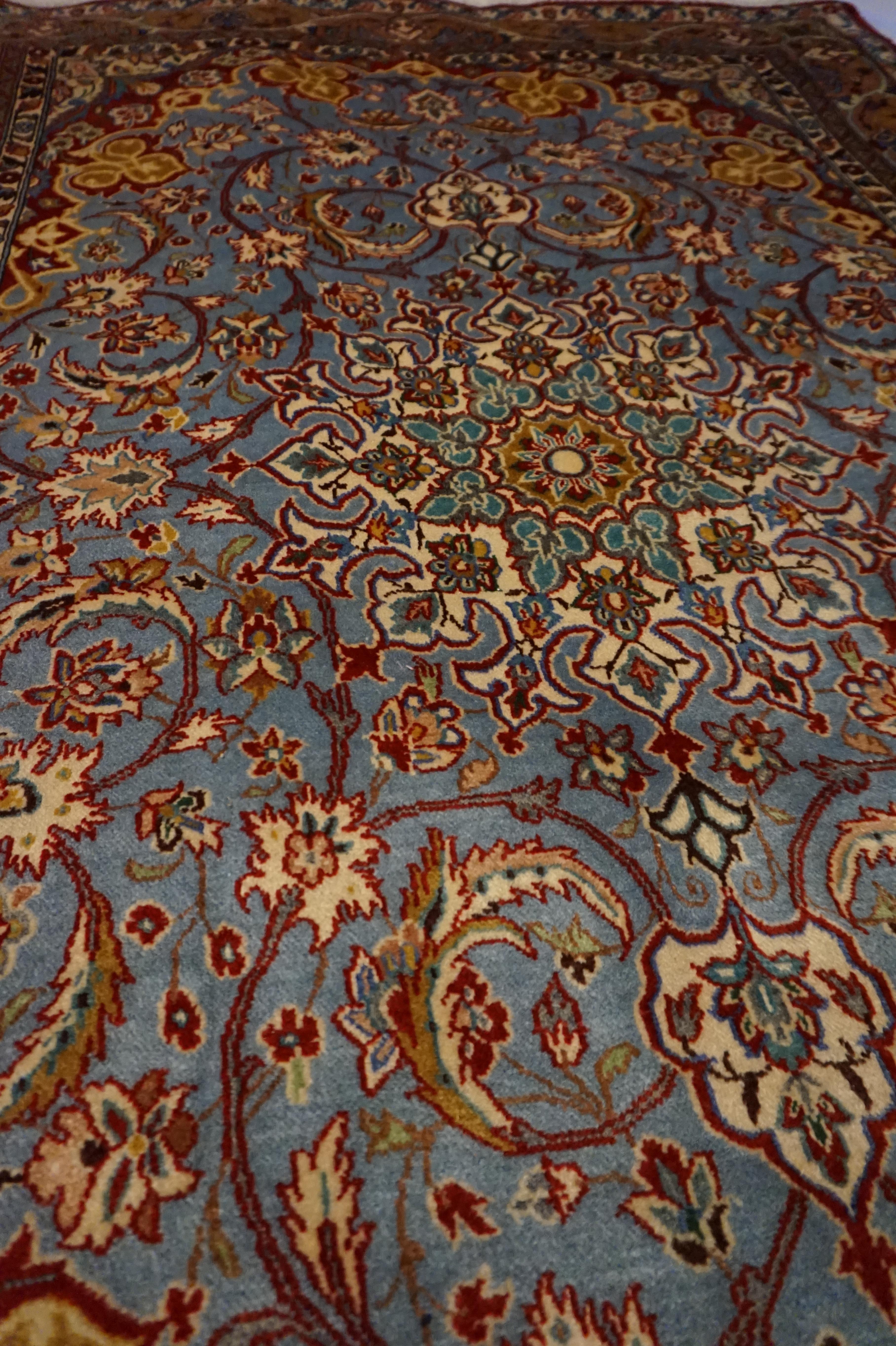 Antique Ancient Isfahan Inspired Hand Knotted Rug With Scrolling Floral Theme In Good Condition For Sale In Vancouver, British Columbia