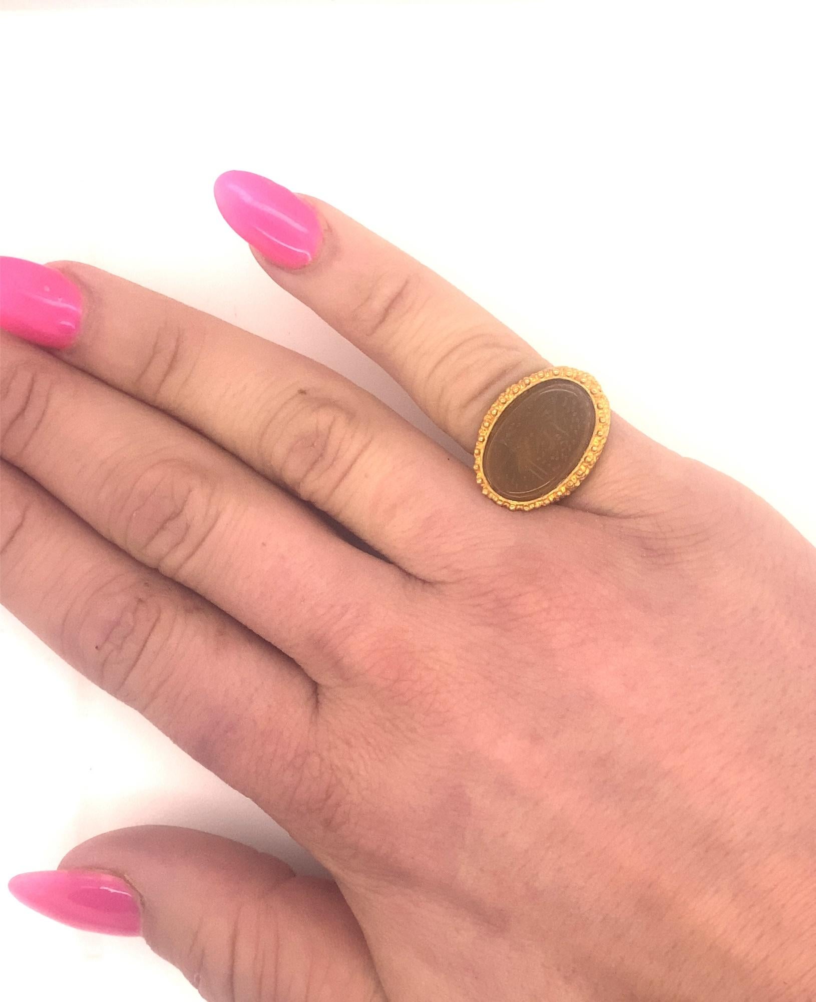 Greek Revival Antique Ancient Style Carved Agate Arabic High Karat Gold Ring For Sale
