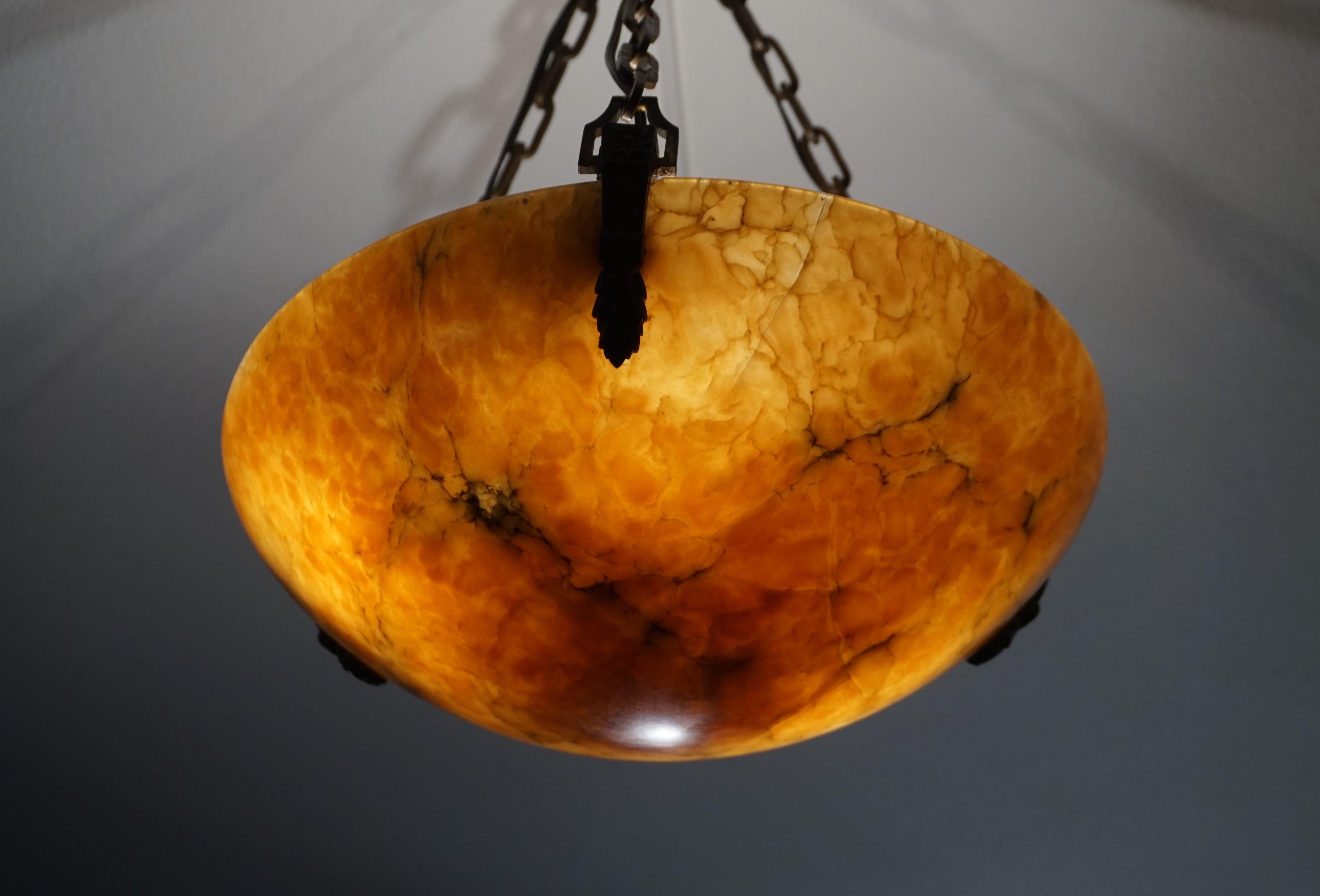 Hand-Carved Antique and Beautiful French Louis XVI Style Alabaster & Bronze 3-Light Pendant