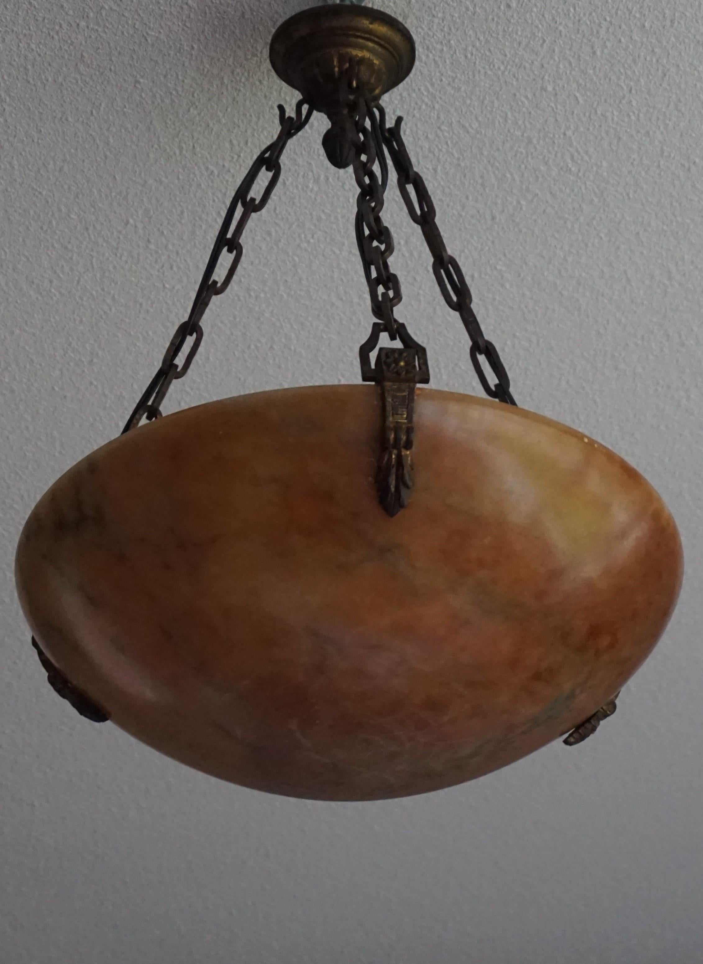 Antique and Beautiful French Louis XVI Style Alabaster & Bronze 3-Light Pendant In Good Condition In Lisse, NL
