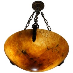 Antique and Beautiful French Louis XVI Style Alabaster & Bronze 3-Light Pendant