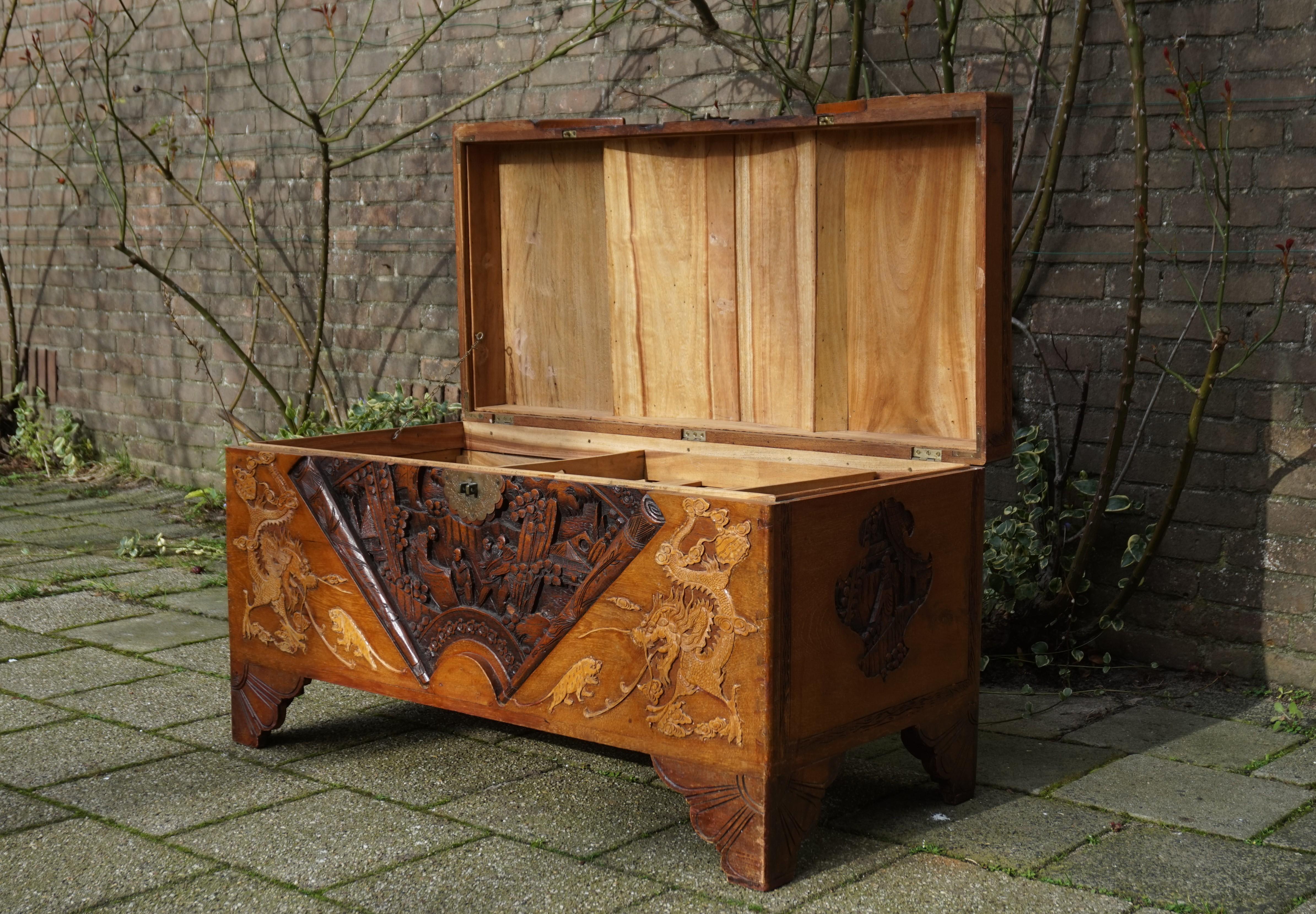 Antique and Complete, Hand Carved Teakwood Chinese Blanket Chest w. Fan Pattern 1