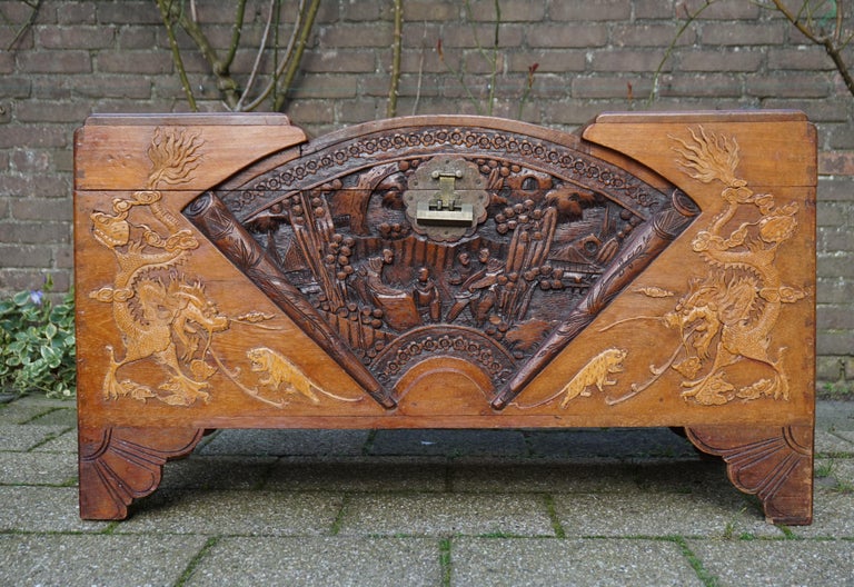 Antique and Complete, Hand Carved Teakwood Chinese Blanket Chest w. Fan