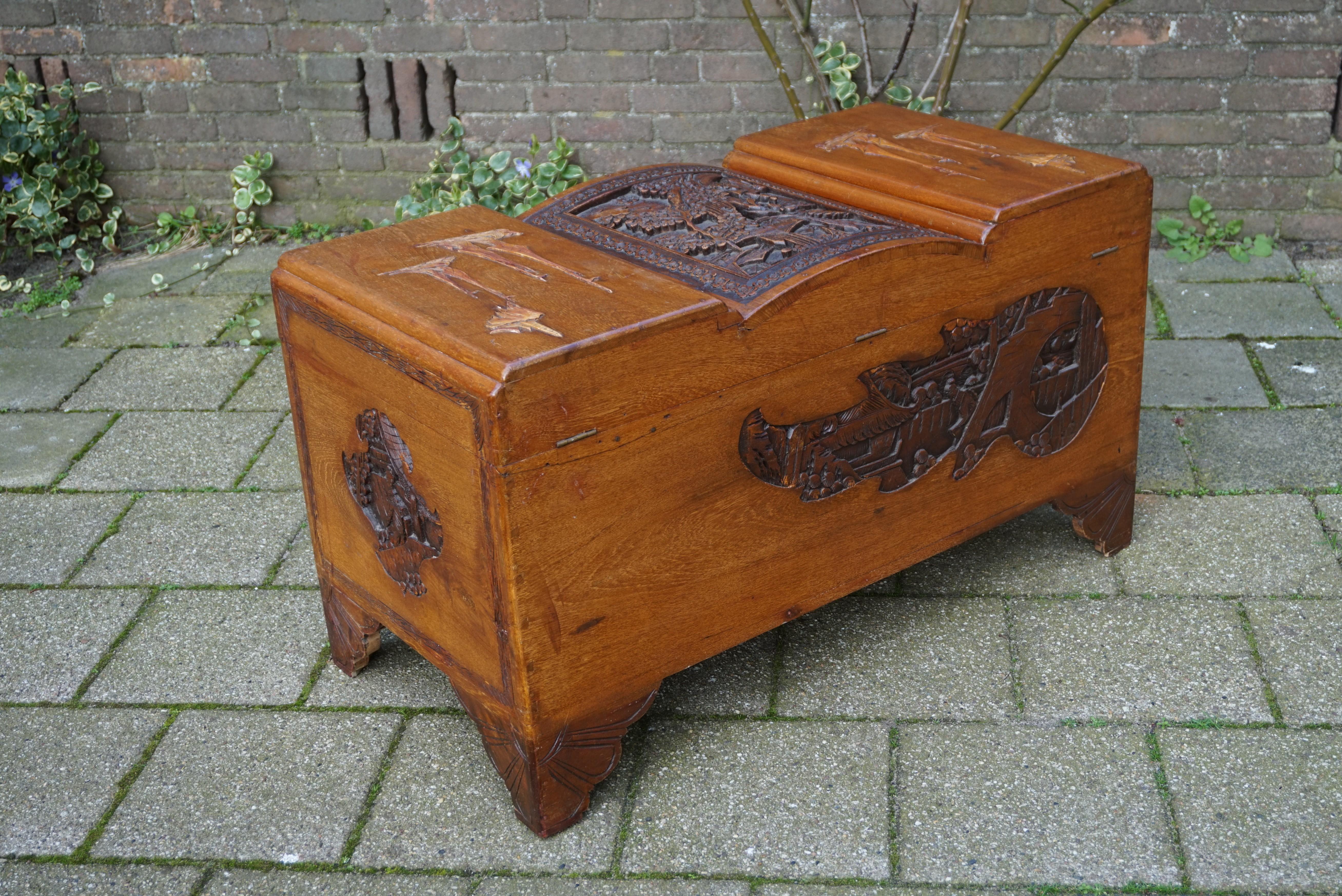 Antique and Complete, Hand Carved Teakwood Chinese Blanket Chest w. Fan Pattern 7