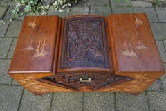 Antique and Complete, Hand Carved Teakwood Chinese Blanket Chest w. Fan Pattern