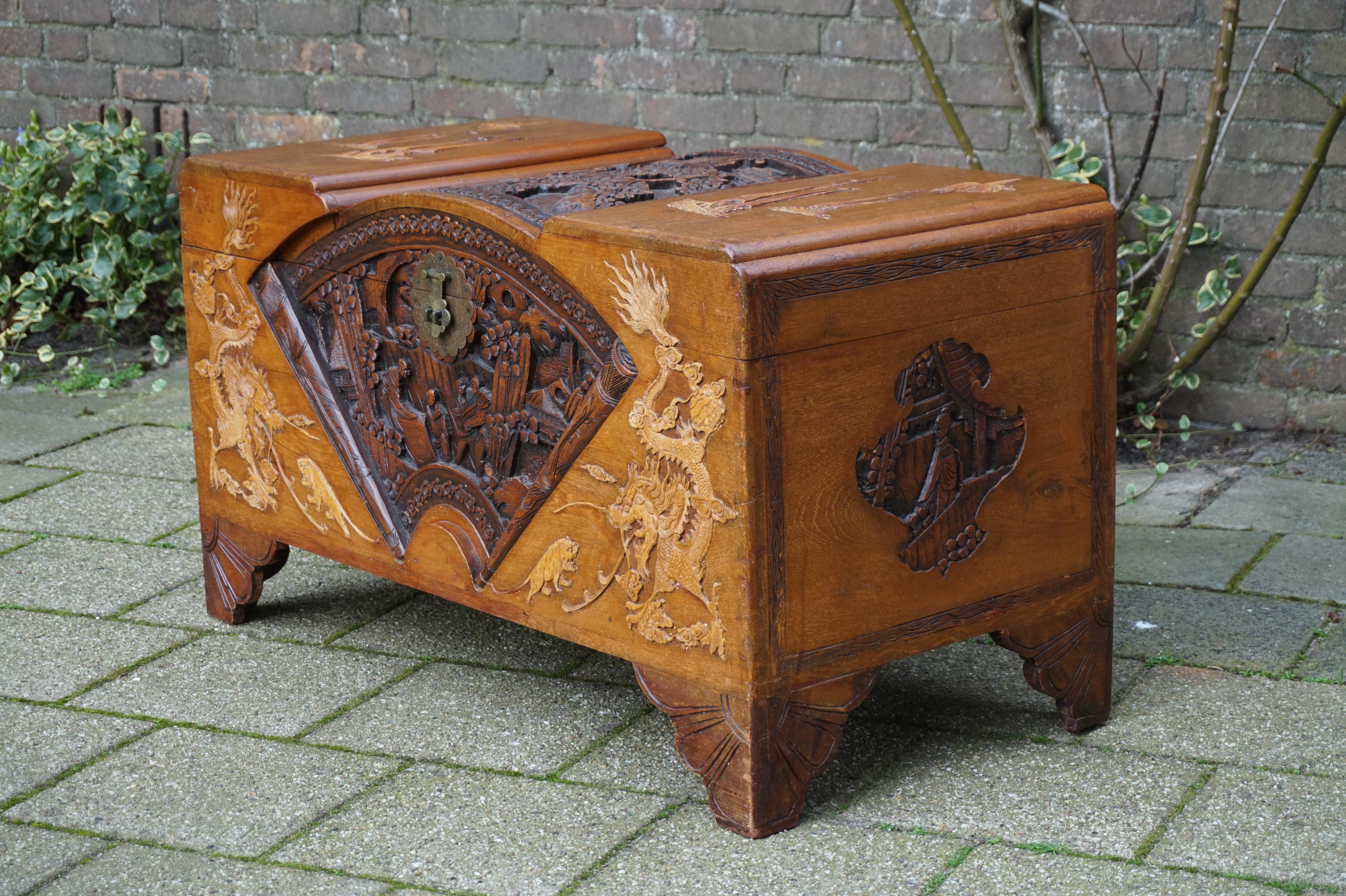 Antique and Complete, Hand Carved Teakwood Chinese Blanket Chest w. Fan Pattern 9