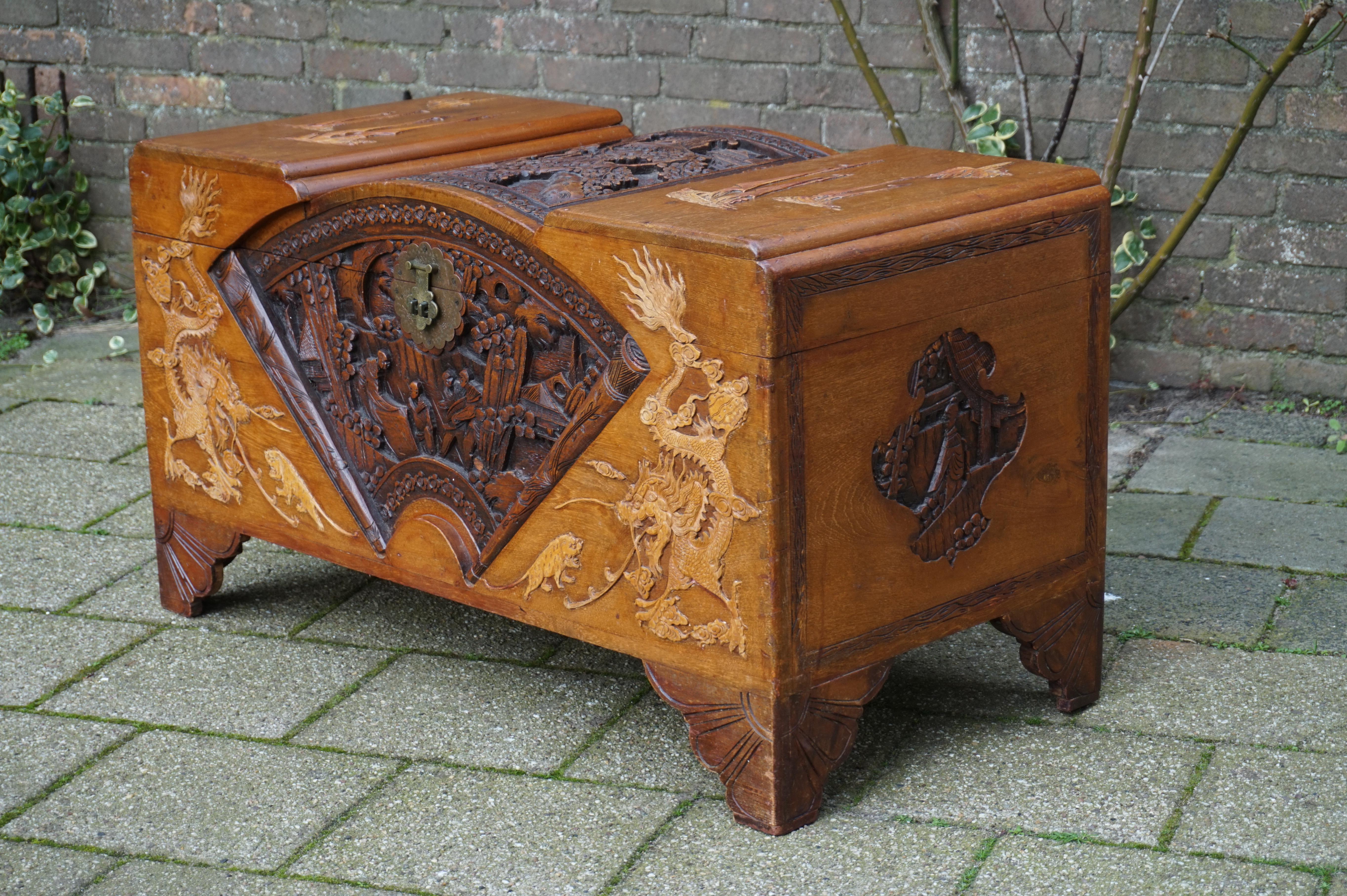 Chinese Export Antique and Complete, Hand Carved Teakwood Chinese Blanket Chest w. Fan Pattern