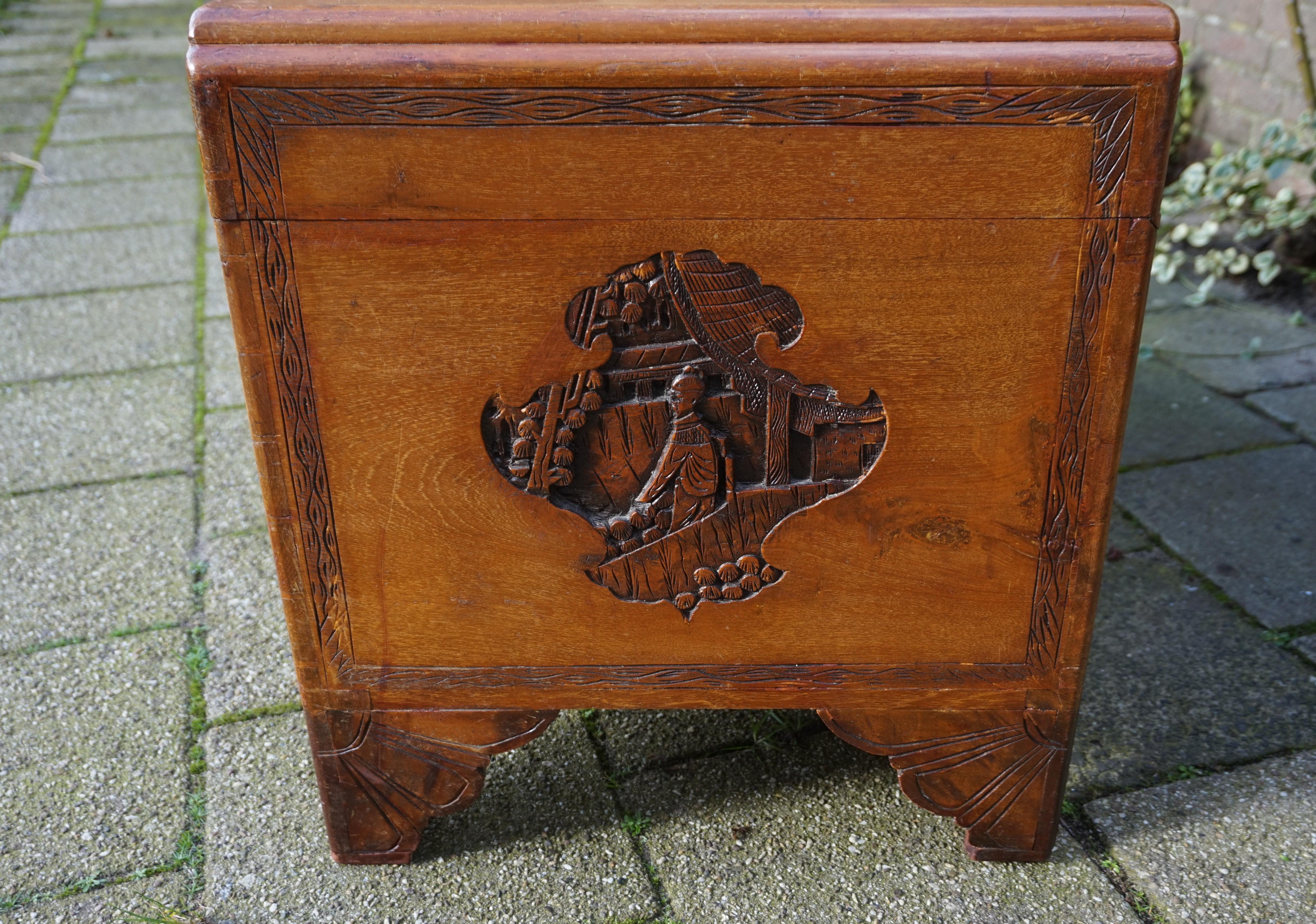 Asian Antique and Complete, Hand Carved Teakwood Chinese Blanket Chest w. Fan Pattern