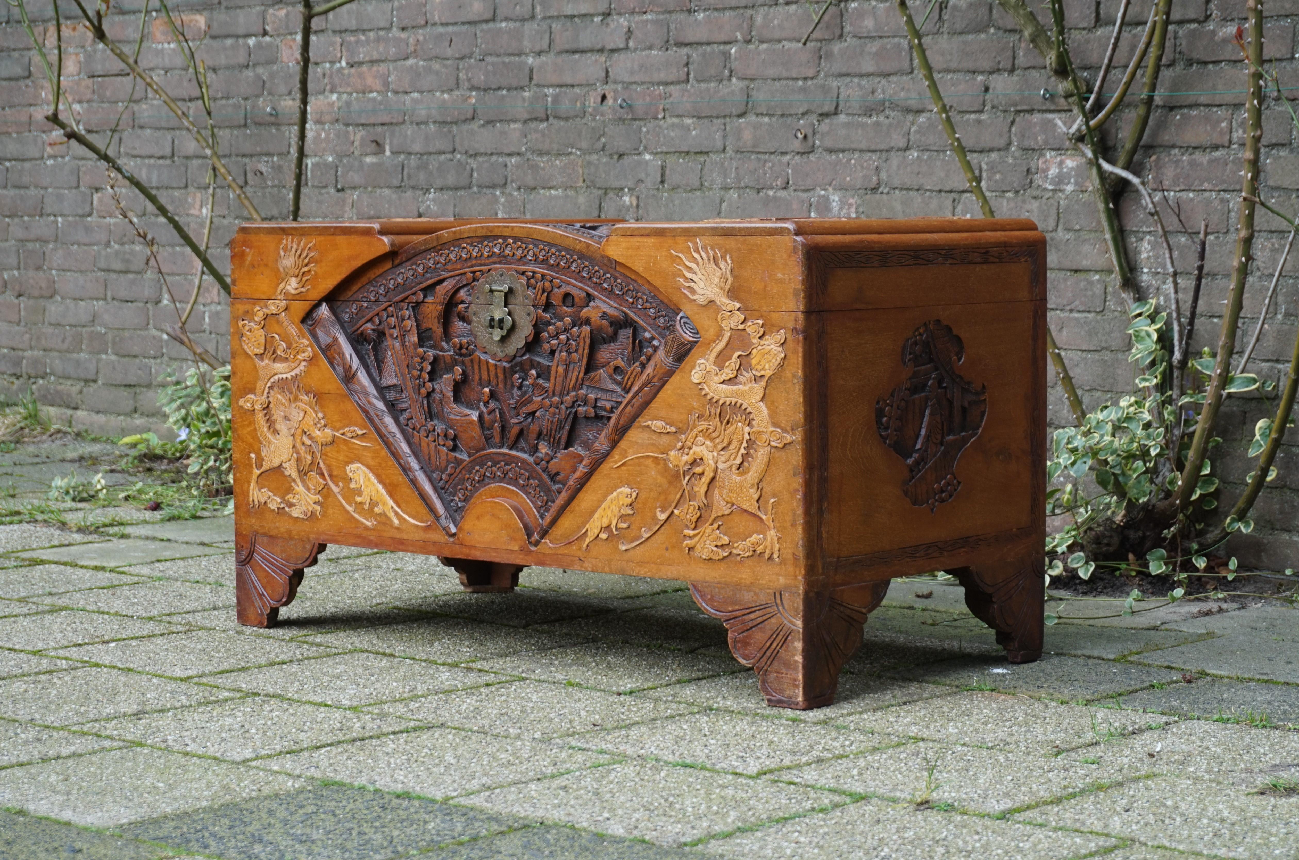 Hand-Crafted Antique and Complete, Hand Carved Teakwood Chinese Blanket Chest w. Fan Pattern