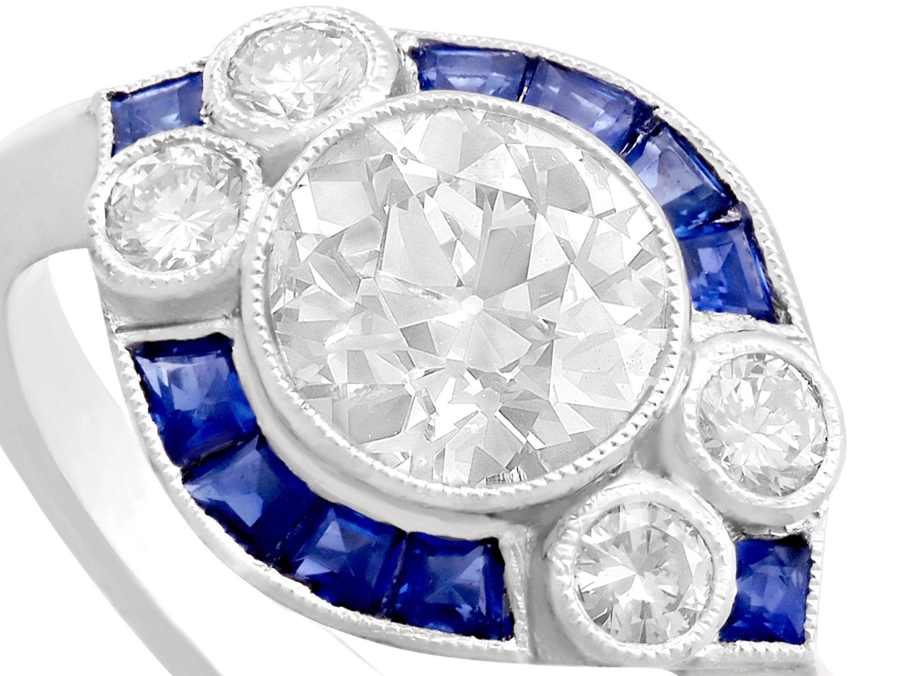 Women's Art Deco Style 1.48 Carat Diamond and 0.46 Carat Sapphire, Platinum Dress Ring For Sale