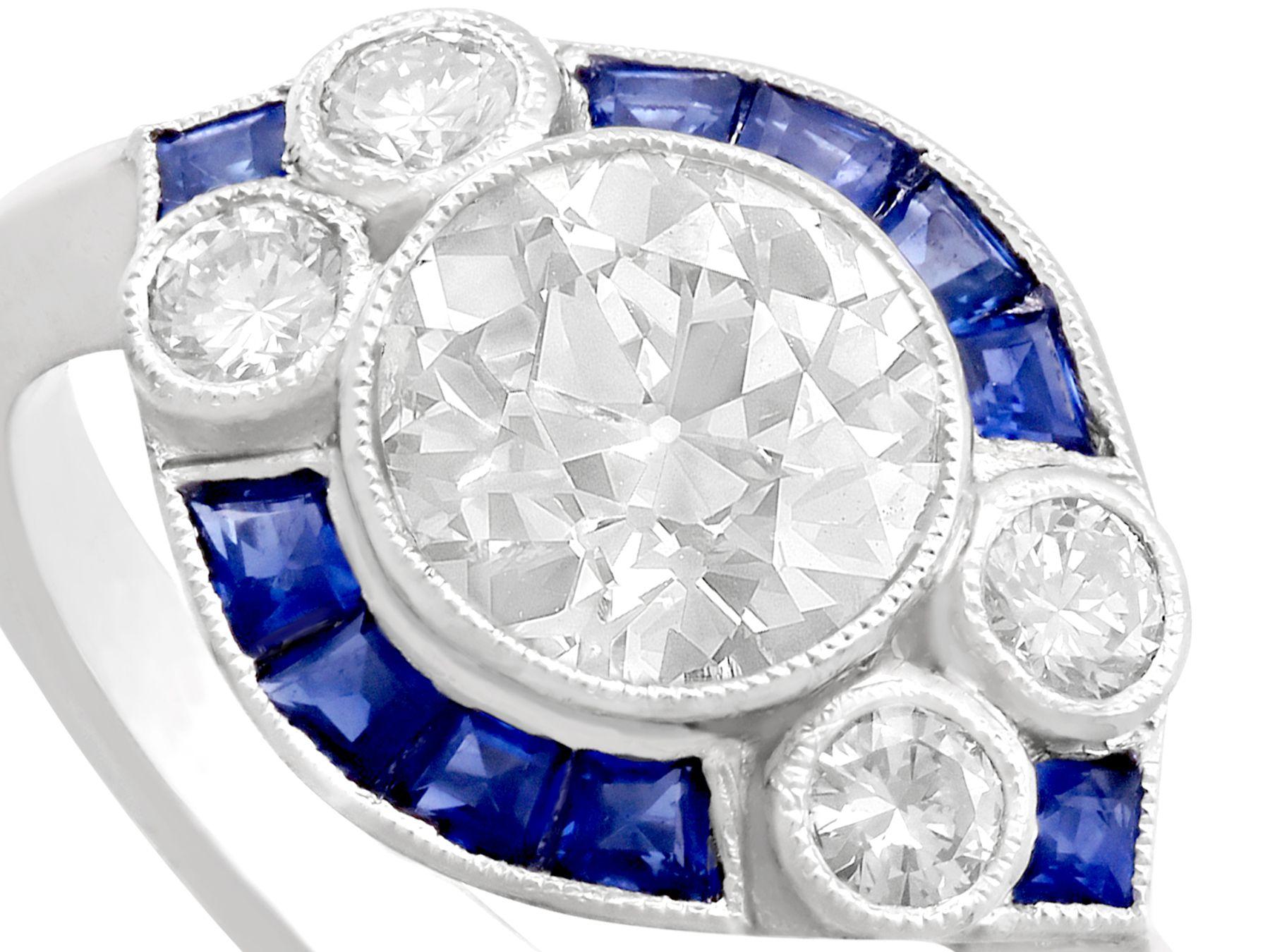 Old European Cut Antique and Contemporary 1.48 Carat Diamond and Sapphire Platinum Cocktail Ring For Sale