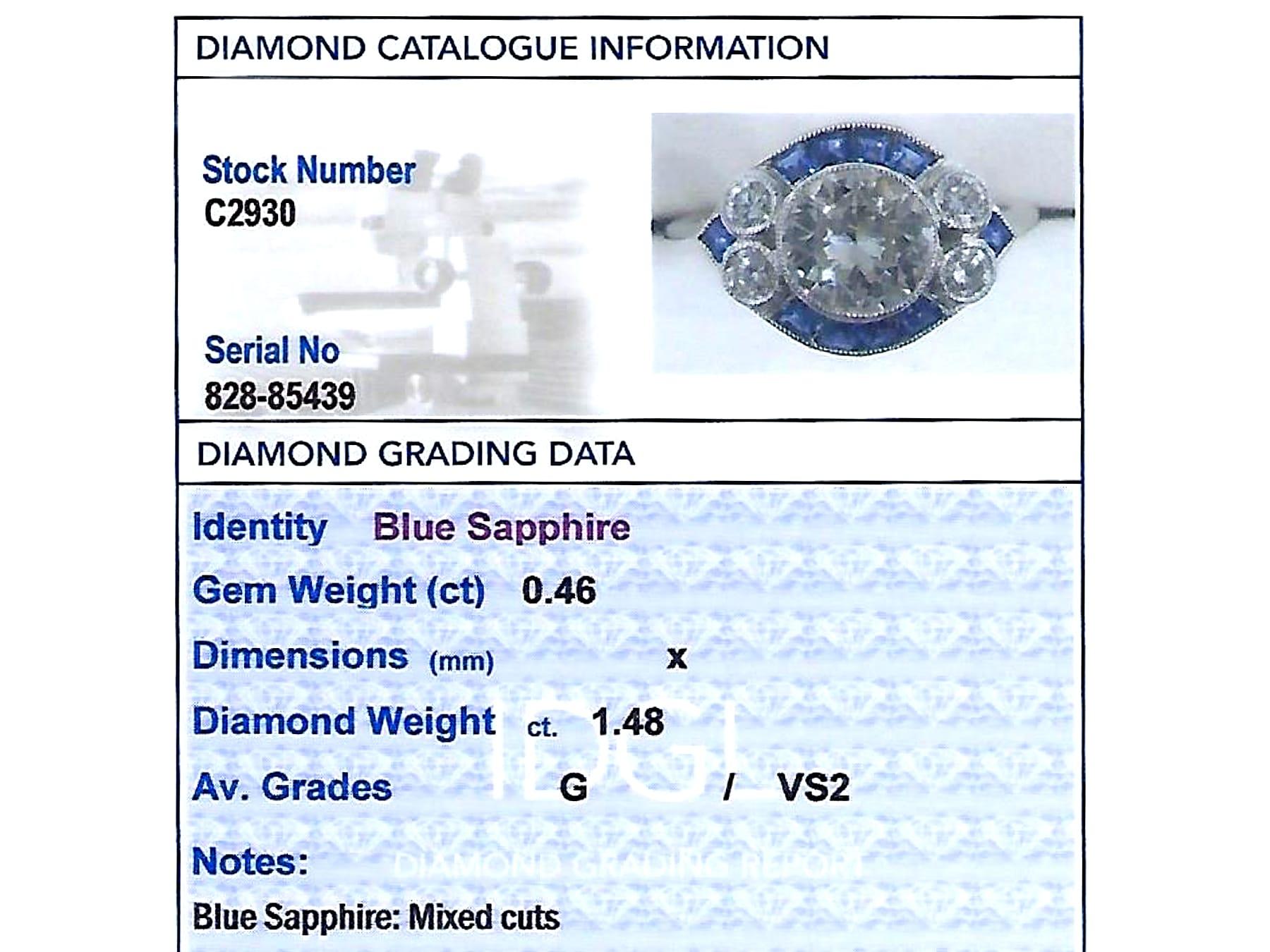 Antique and Contemporary 1.48 Carat Diamond and Sapphire Platinum Cocktail Ring For Sale 4